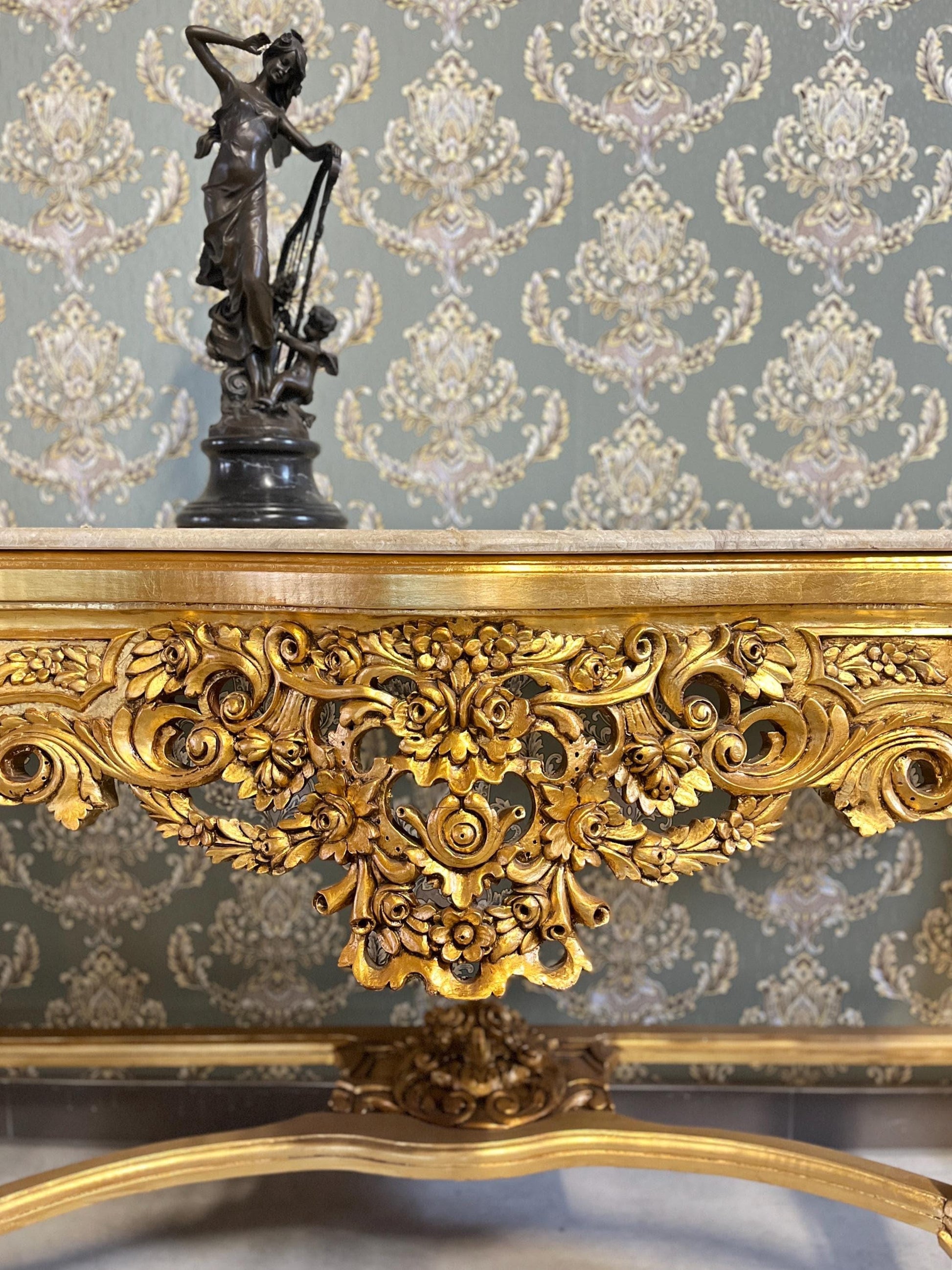 Console Table French Antique Style in Solid Wood Brown and Marble Slab Top Table Retro Baroque Style Gorgeous for Home Decor