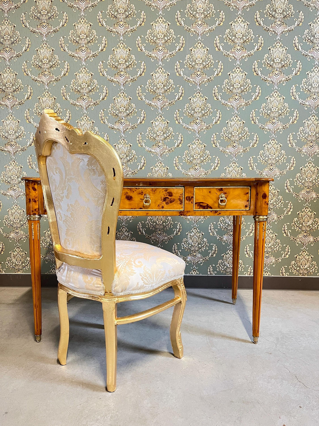 Luxury Desk Antique Baroque Style Writing Table 3 Drawers Handmade Desk Italian Style Bronze Handles in Yellow Wooden Veneer-LIMITED EDITION