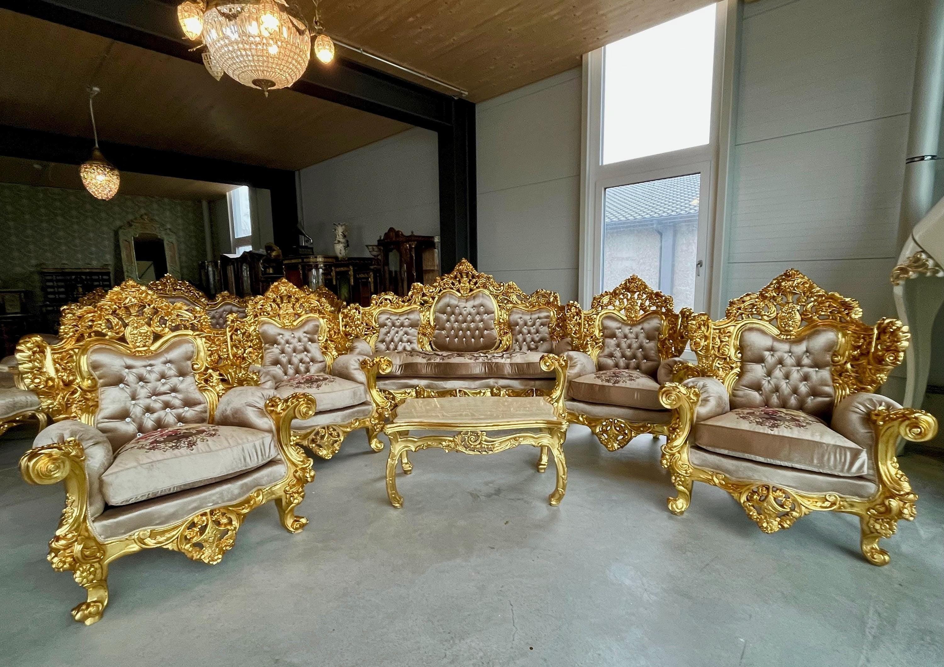 Imperial Sofa Set Royal King Sofa Set French Rococo Sofa Suite Brown Velvet Couch Set Gold Finish for Luxurious Home for Hotel Lobby Decor