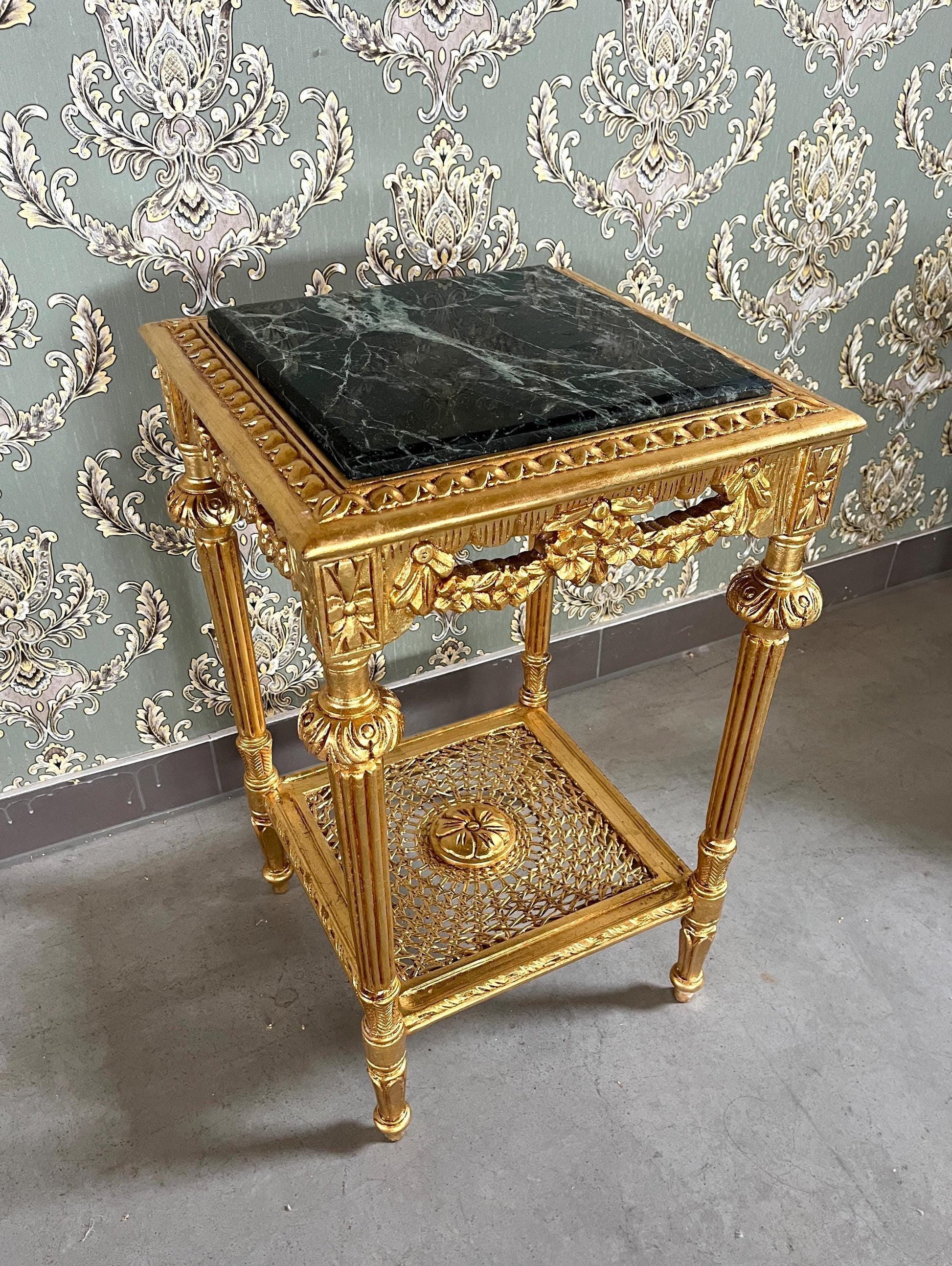 Square Side Table Marble Top Retro French Style End Table Gold Finish Barqoue Rococo Style in Greenish Marble or White Frame in Black Marble
