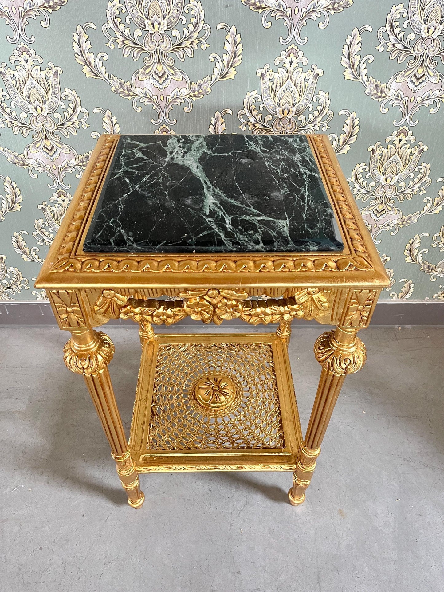 Square Side Table Marble Top Retro French Style End Table Gold Finish Barqoue Rococo Style in Greenish Marble or White Frame in Black Marble