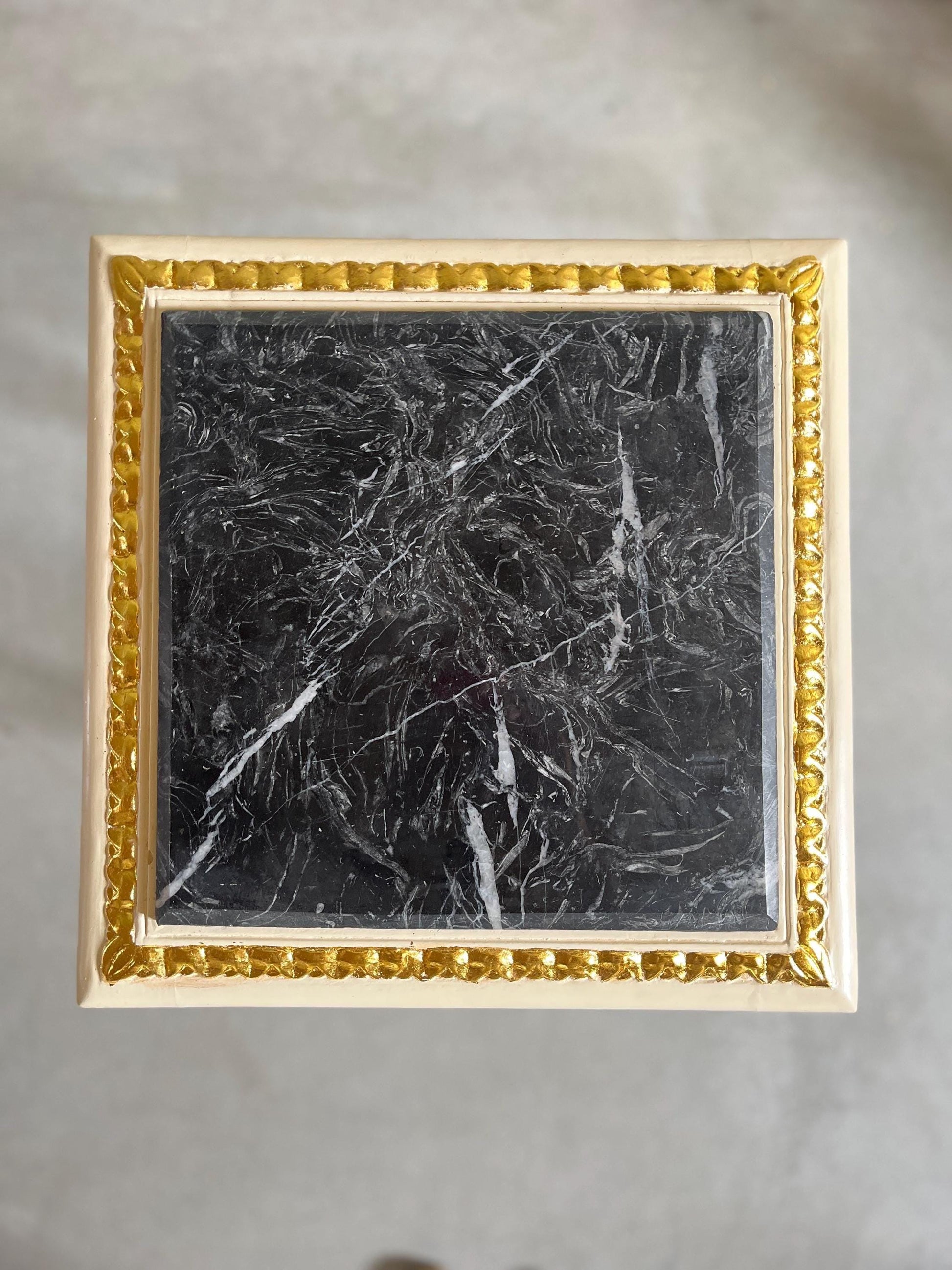 Square Side Table Marble Top Retro French Style End Table Gold Finish Barqoue Rococo Style in Greenish Marble or White Frame in Black Marble