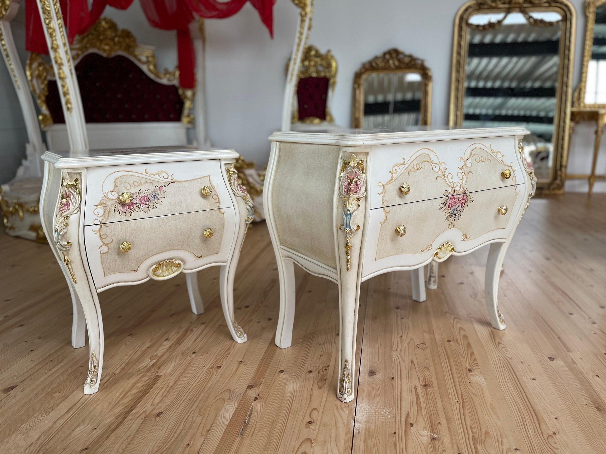 Chest of Drawer White Flower Painted French Baroque Style Dresser Home DecorBeige Color Chest of Drawer Italian Style Floral Paint for Home