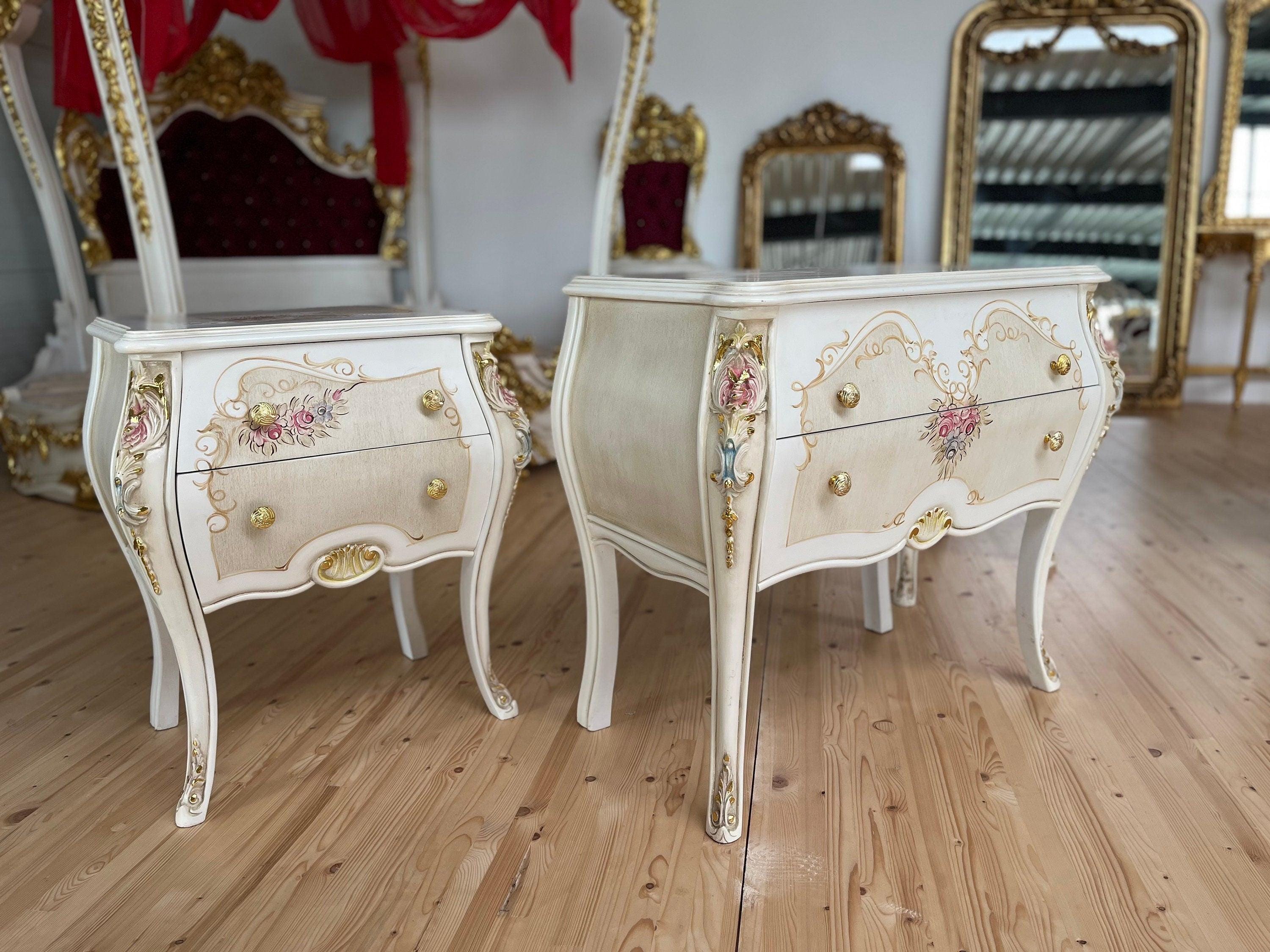 Chest of Drawer White Flower Painted French Baroque Style Dresser Home DecorBeige Color Chest of Drawer Italian Style Floral Paint for Home