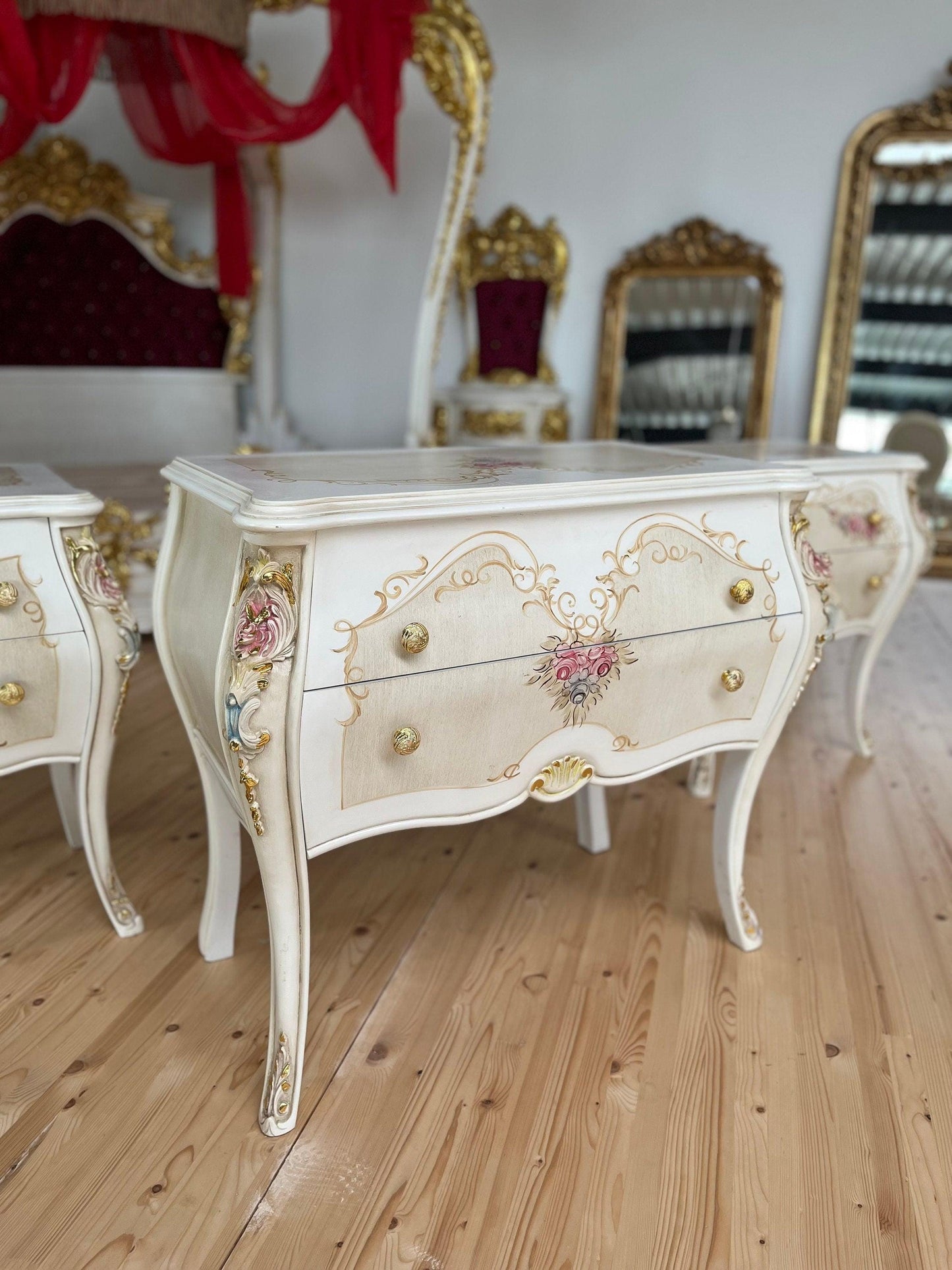 Chest of Drawer White Flower Painted French Baroque Style Dresser Home DecorBeige Color Chest of Drawer Italian Style Floral Paint for Home