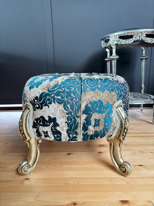 Round Pouf French Baroque Style Ottoman in Beige Velvet Floral, Handmade Ottoman Retro Baroque Style in Turquoise Blue Flower Pattern Decor
