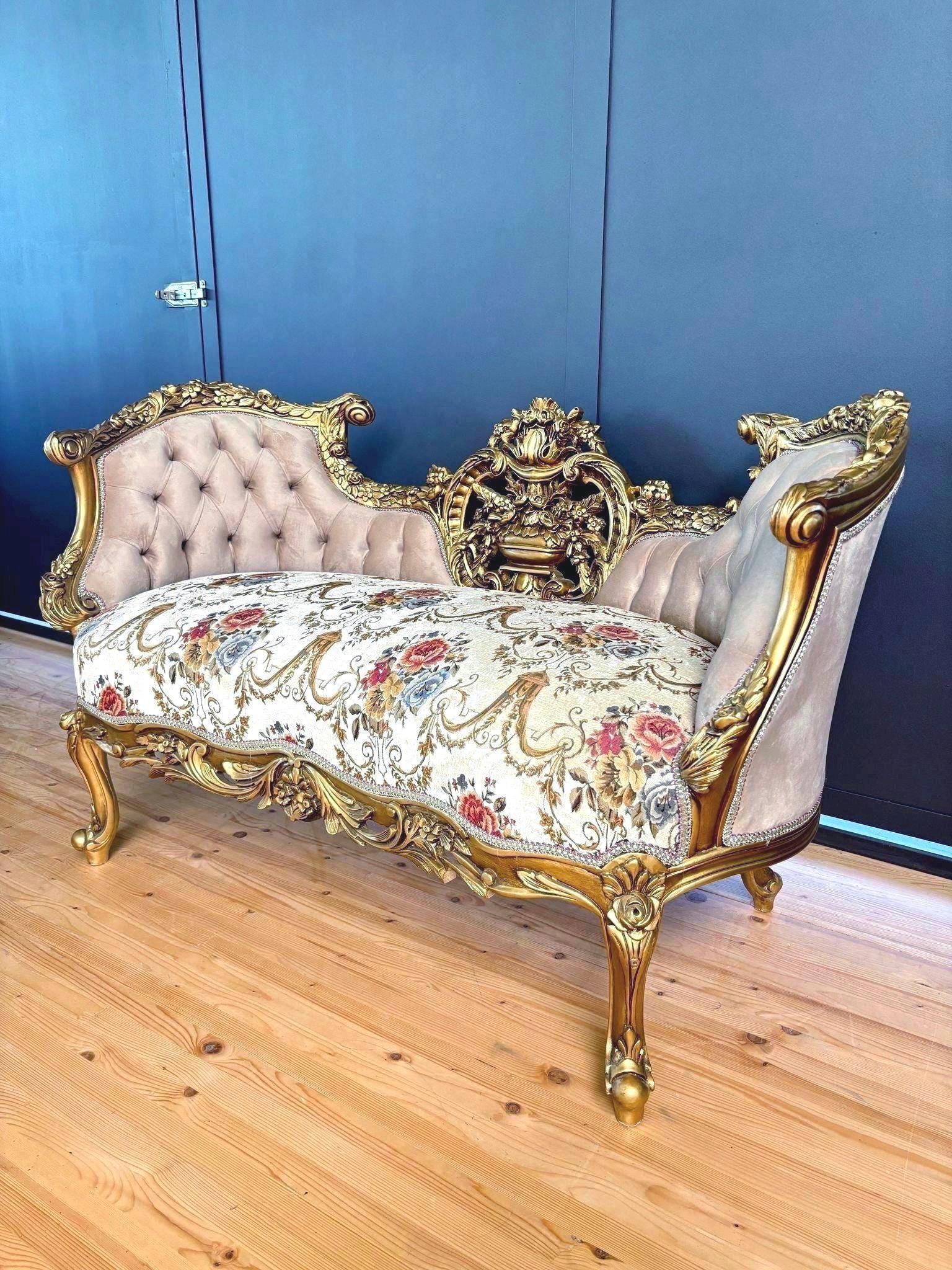 Deluxe Love Seat Royal Baroque Style Bench Light Brown Flower Pattern Antique Style Couch in Gold Finish for Lounge Room Sofa Home Decor