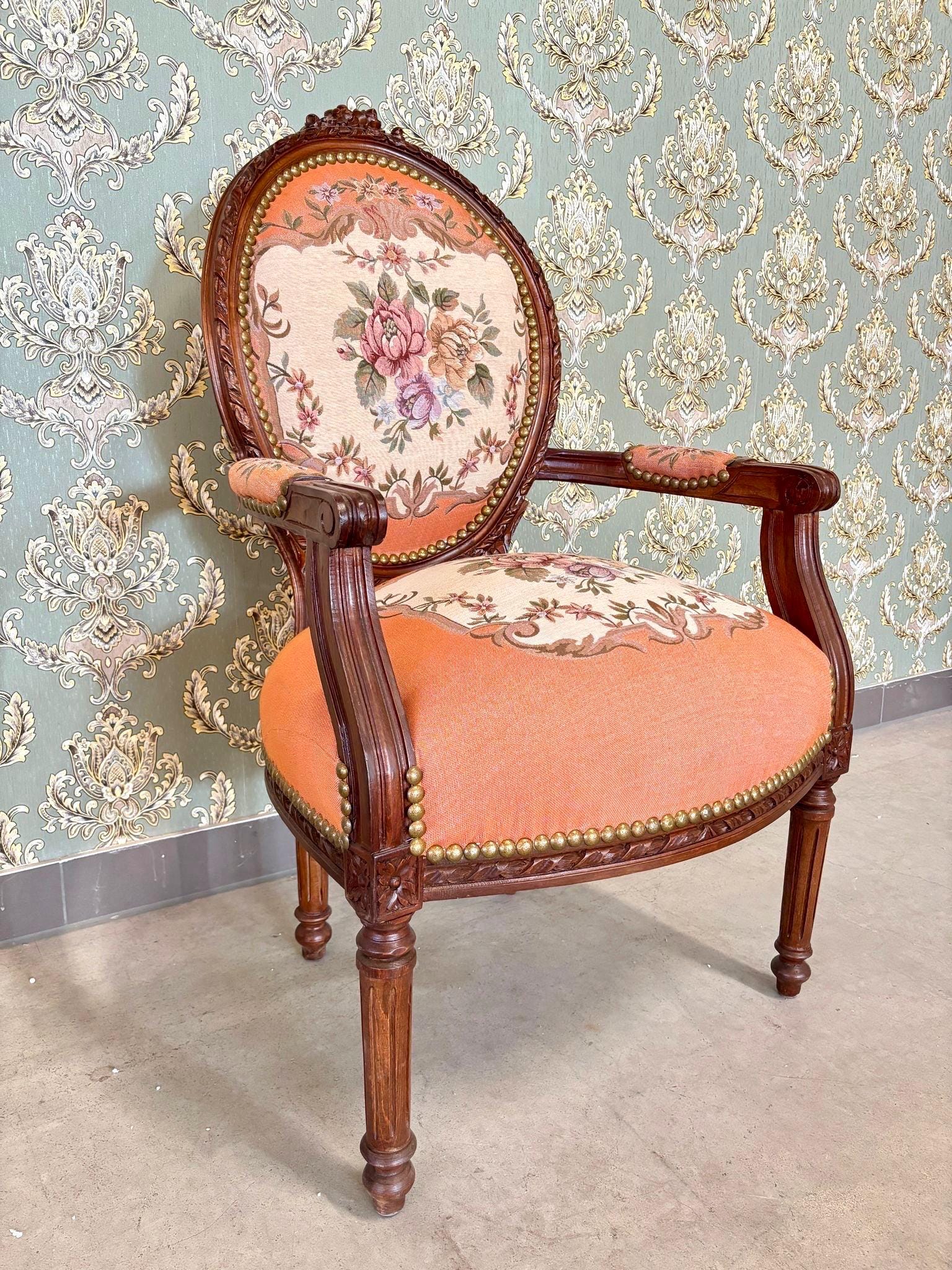 Lodge Chair Peach Red Floral Pattern Damask Wooden Armchair French Baroque Style Accent Chair Handmade Living Room Armchair for Home Decor