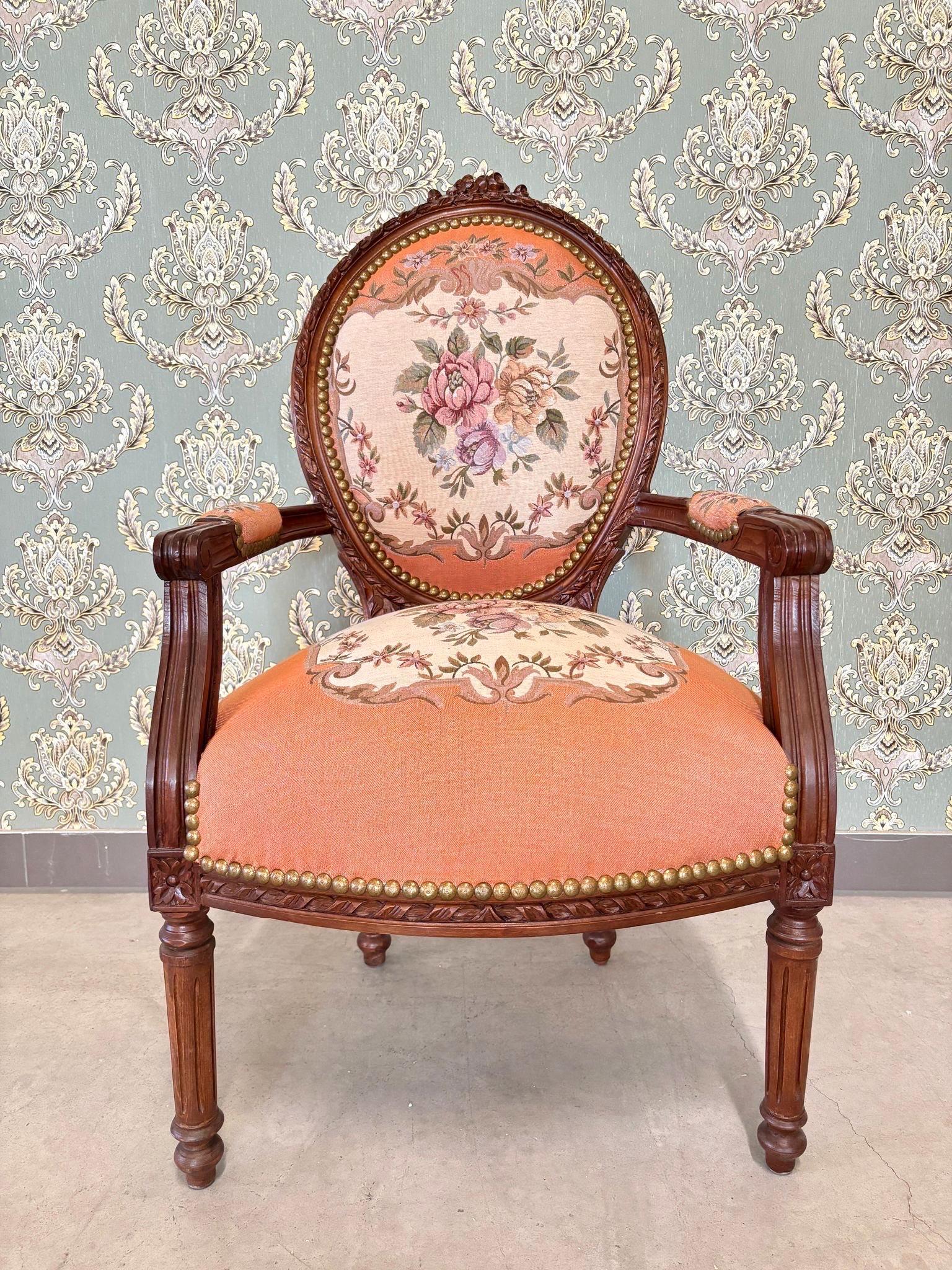 Lodge Chair Peach Red Floral Pattern Damask Wooden Armchair French Baroque Style Accent Chair Handmade Living Room Armchair for Home Decor