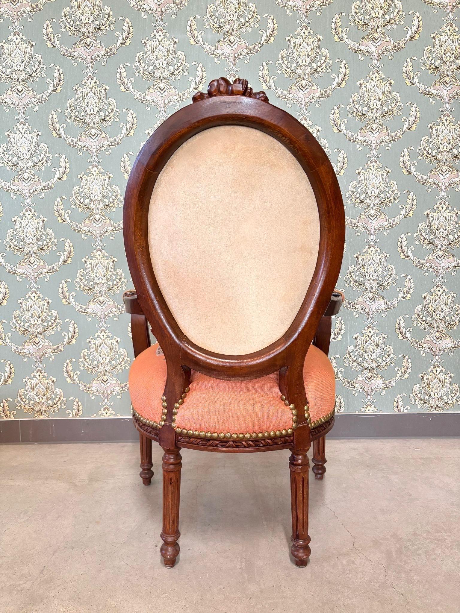 Lodge Chair Peach Red Floral Pattern Damask Wooden Armchair French Baroque Style Accent Chair Handmade Living Room Armchair for Home Decor