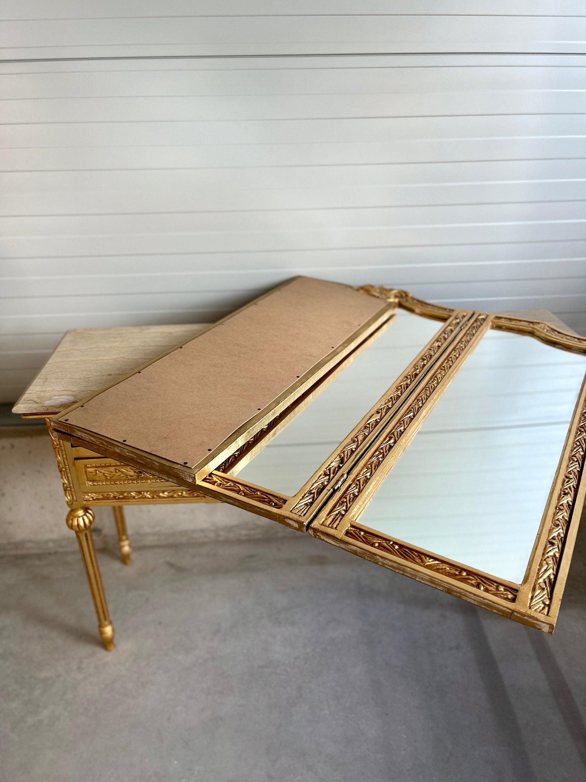 Mirror and Desk Set French Antique Style with Marble Slab Top Wooden Tableع Baroque Rococo Style in Gold Finish for Home Decor
