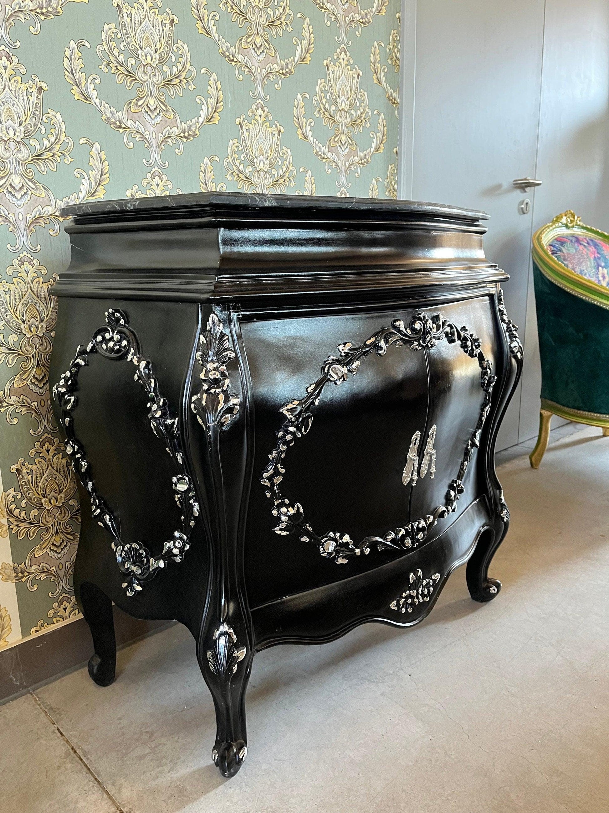 Cabinet Marble Top Home Decor Baroque Style Cabinet Marble Top French Style Cabinet in Black Color Small Cabinet Green Color Marble Top