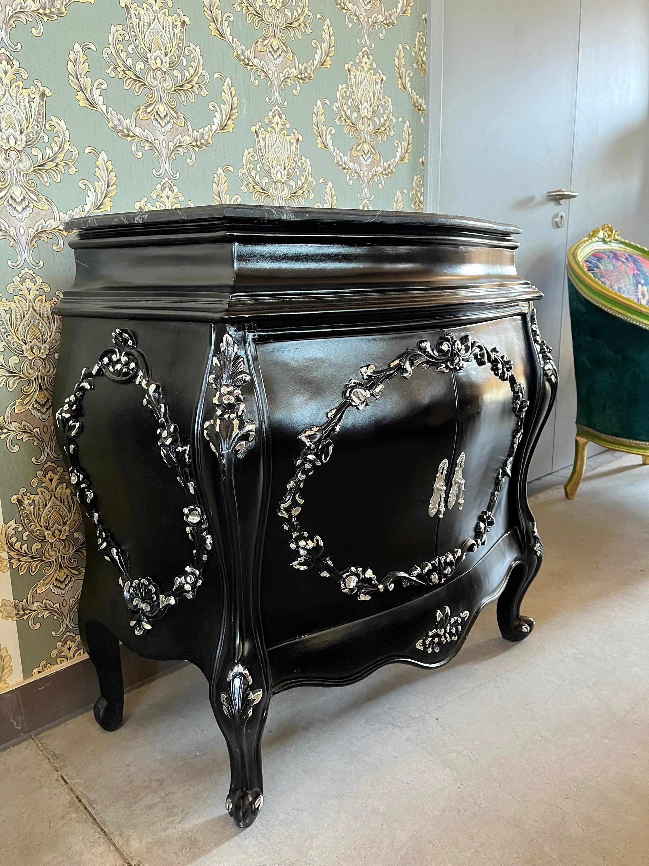 Cabinet Marble Top Home Decor Baroque Style Cabinet Marble Top French Style Cabinet in Black Color Small Cabinet Green Color Marble Top