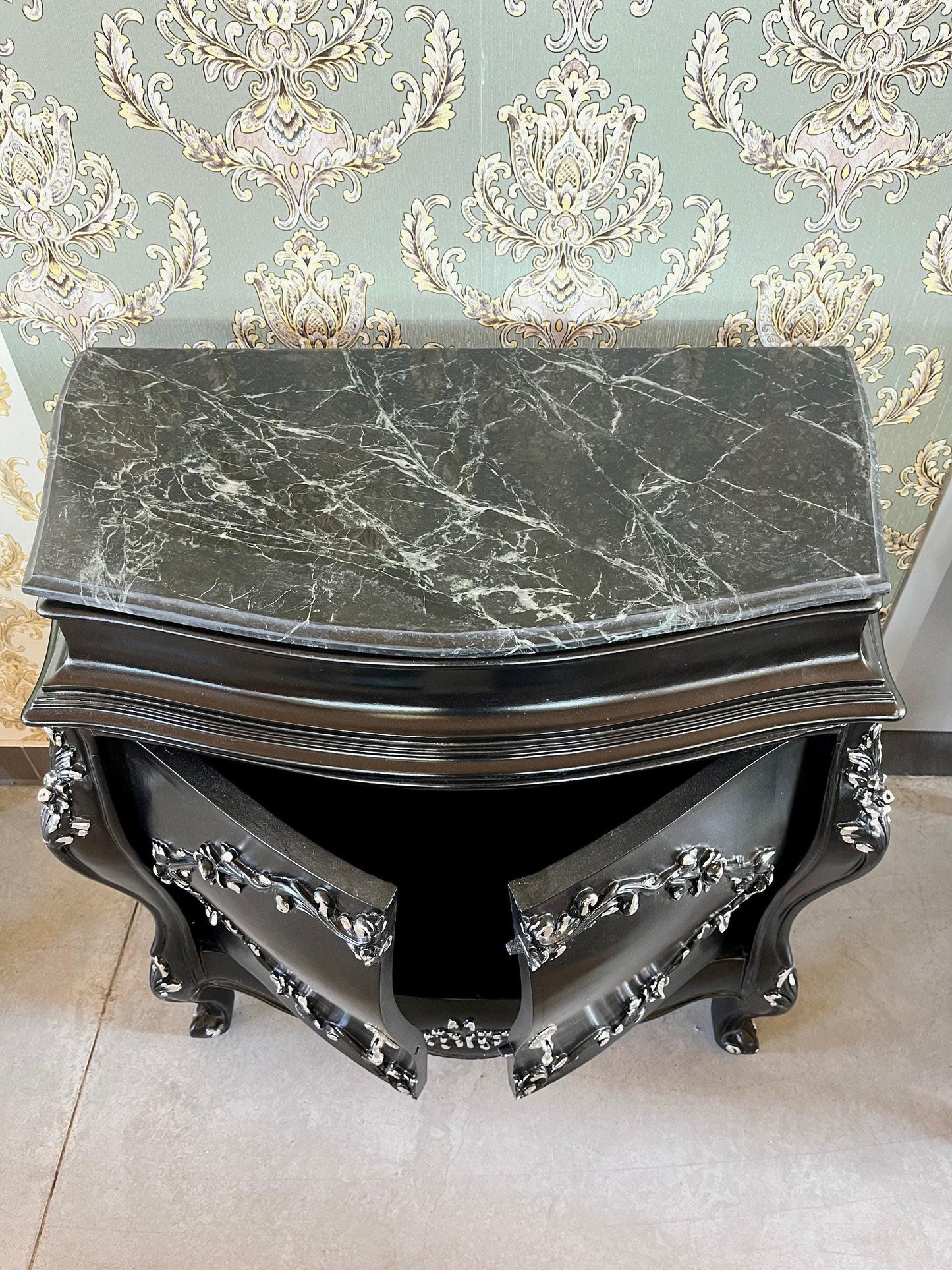 Cabinet Marble Top Home Decor Baroque Style Cabinet Marble Top French Style Cabinet in Black Color Small Cabinet Green Color Marble Top