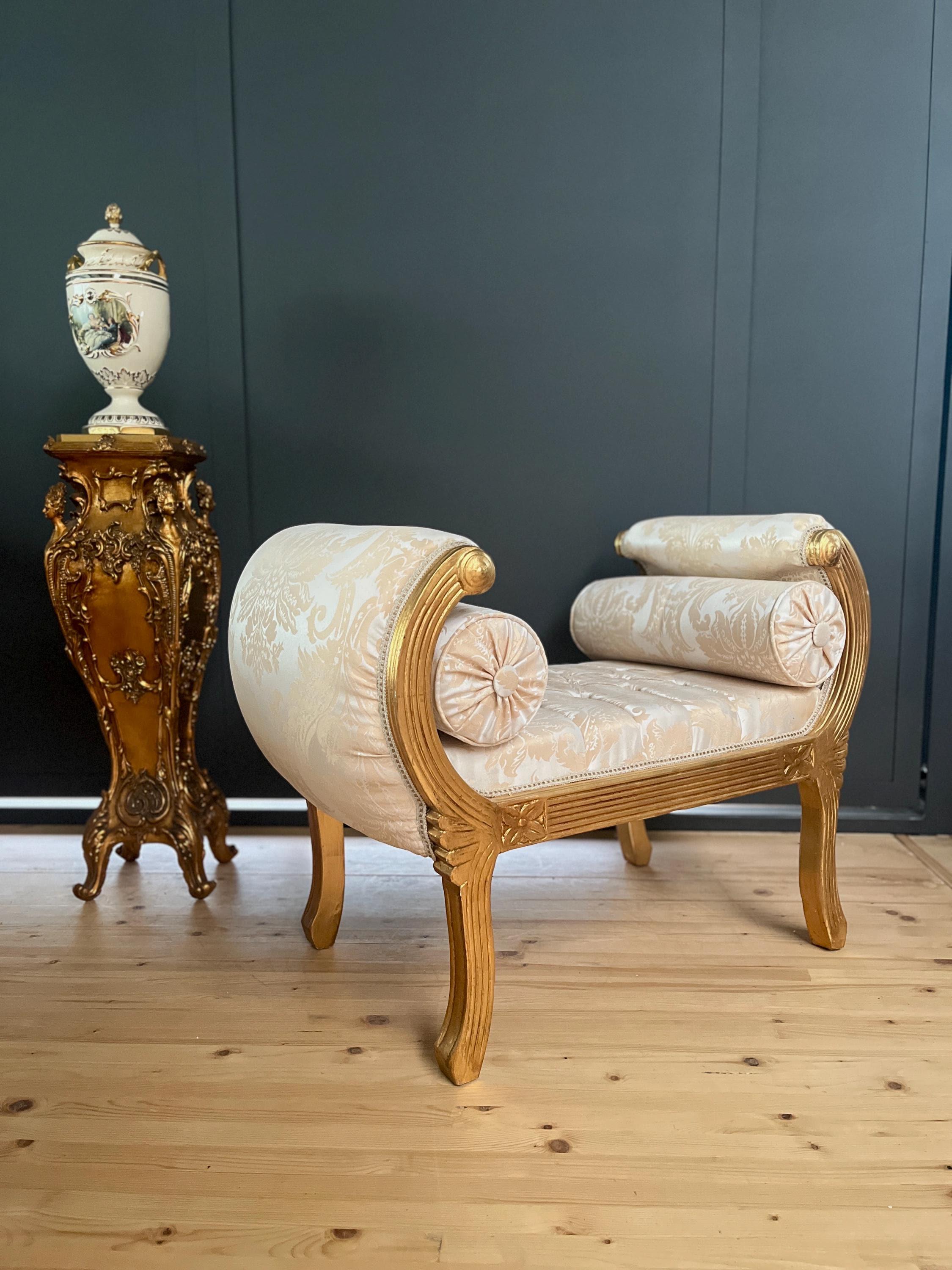 Ottoman French Louis Antique Style Beige Color Bench Retro Baroque Rococo Style in Ivory Color Gold Finish for Home Decor