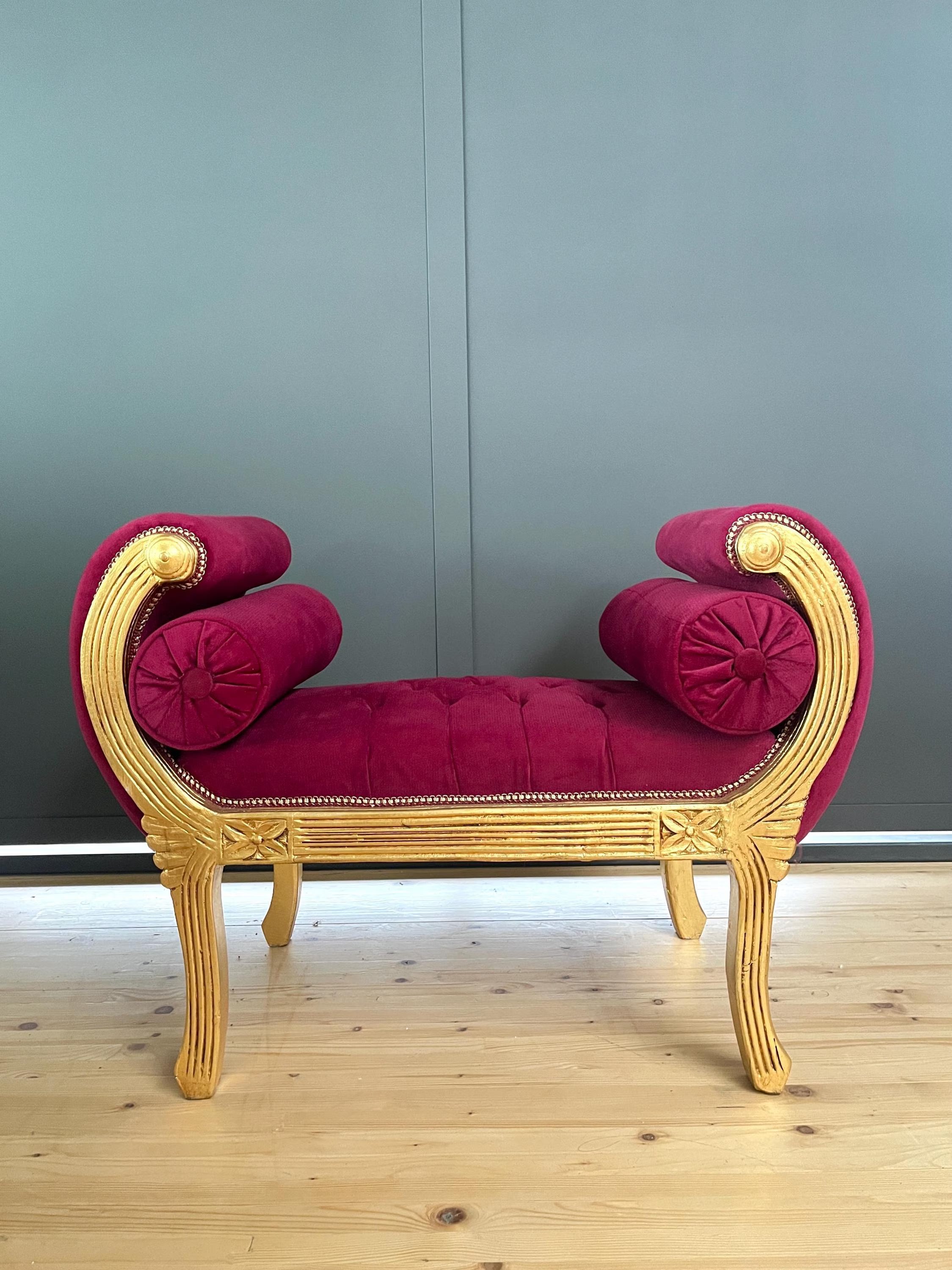 French Louis XV Gold Leaf Bench Red Velvet Leopard Print Hand-Carved Ottoman Footstool
