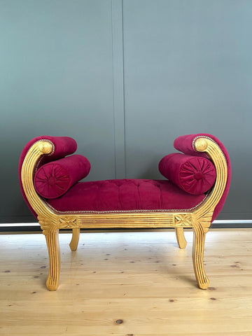 French Louis XV Gold Leaf Bench Red Velvet Leopard Print Hand-Carved Ottoman Footstool