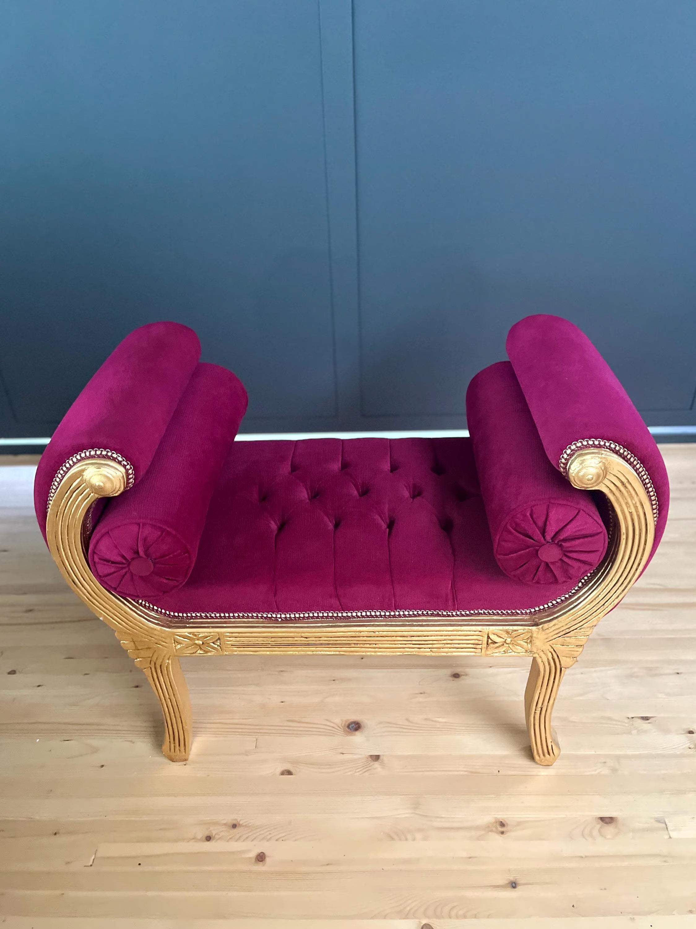 French Louis XV Gold Leaf Bench Red Velvet Leopard Print Hand-Carved Ottoman Footstool