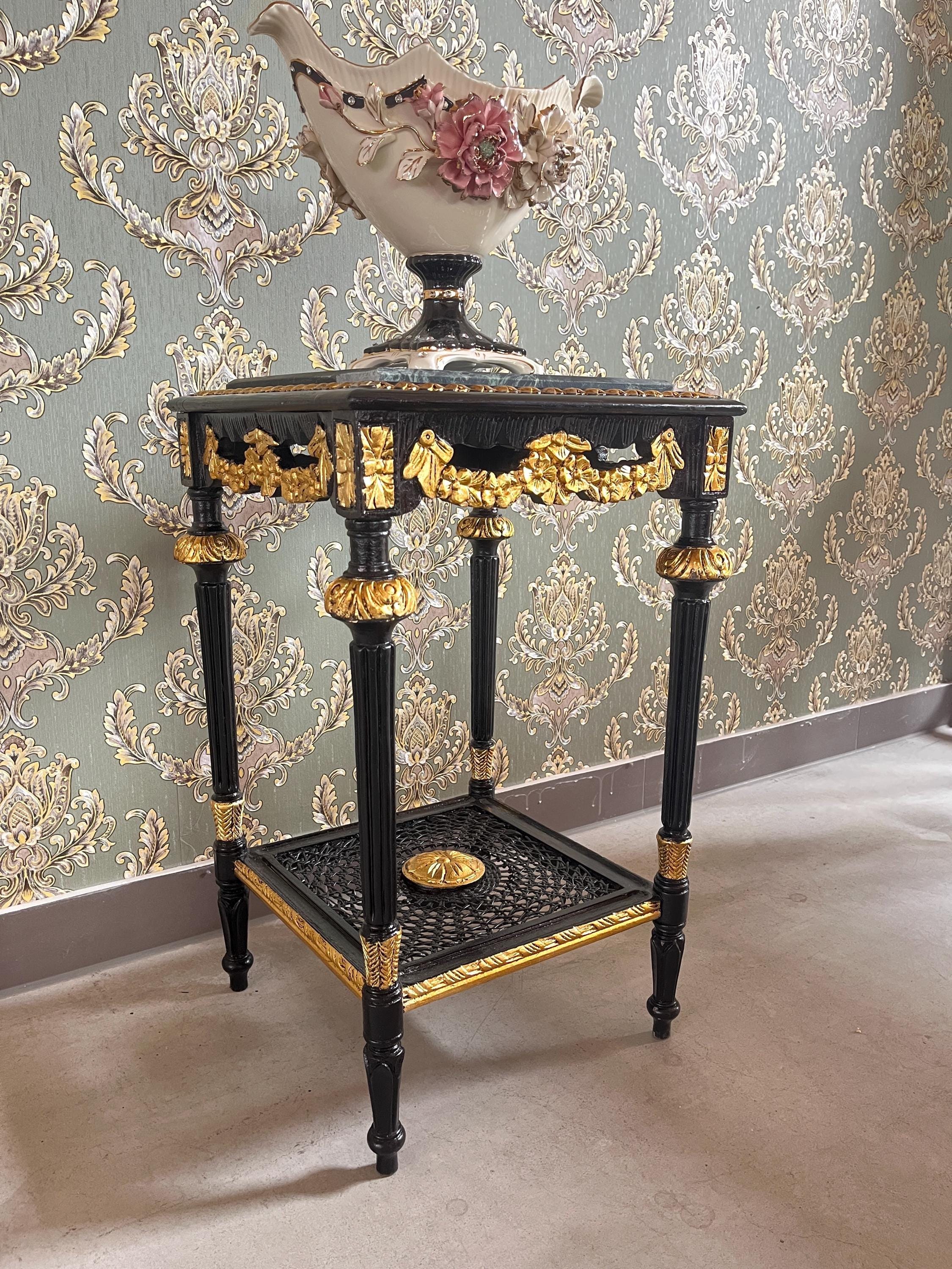 Black Side Table French Baroque Style in Glossy Black with Partial Gold Decor Coffee Table With Marble Slab Top in Dark Green or Black