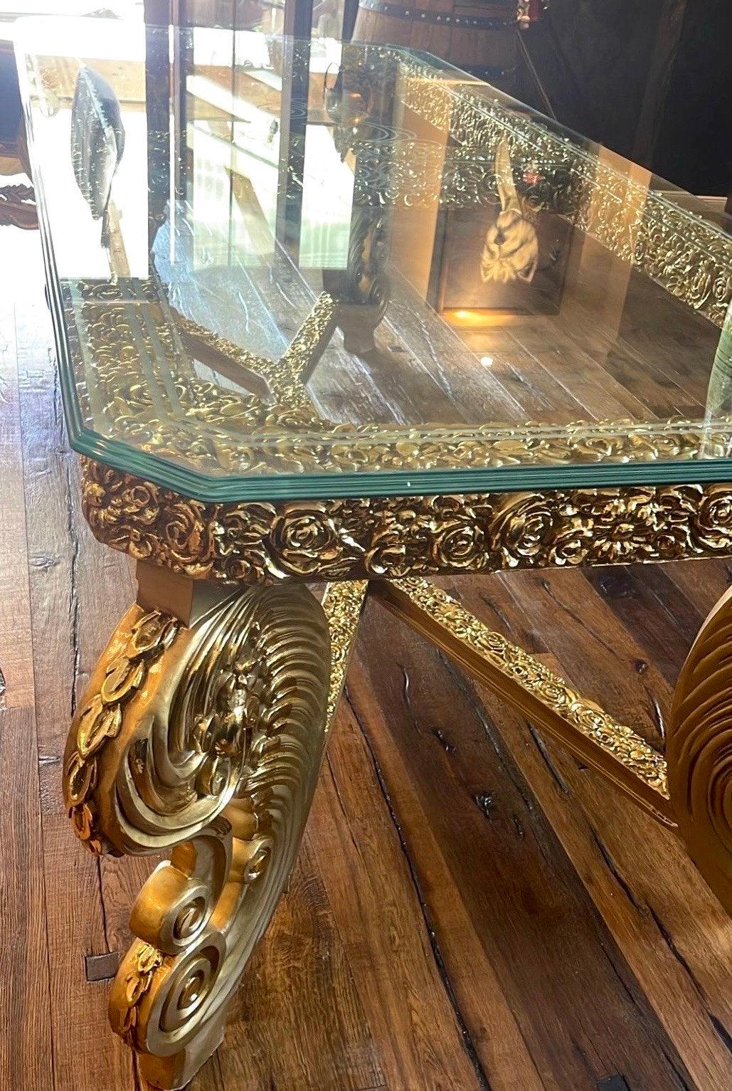 Huge Dining Table Glass Top Extra Long Table Royal Baroque Style Glass Top Table in Gold Finish for Big Family or Hotel Decotation