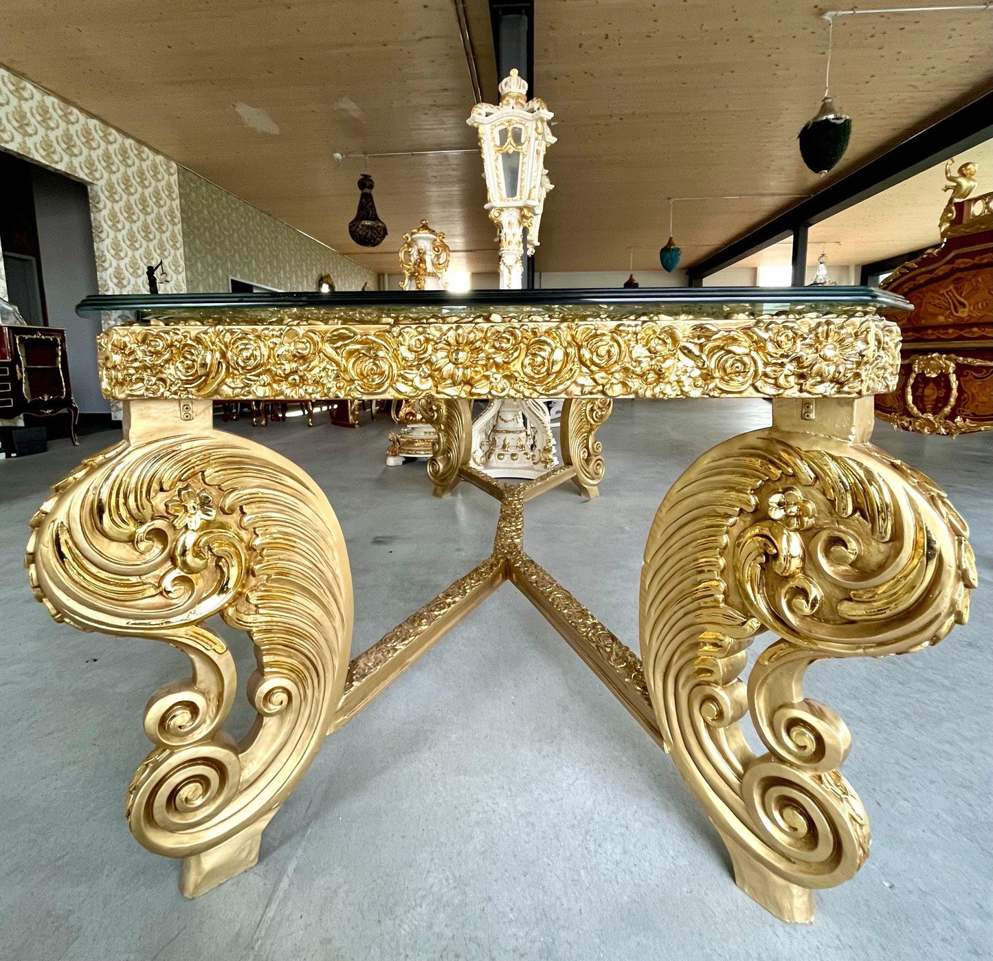 Huge Dining Table Glass Top Extra Long Table Royal Baroque Style Glass Top Table in Gold Finish for Big Family or Hotel Decotation