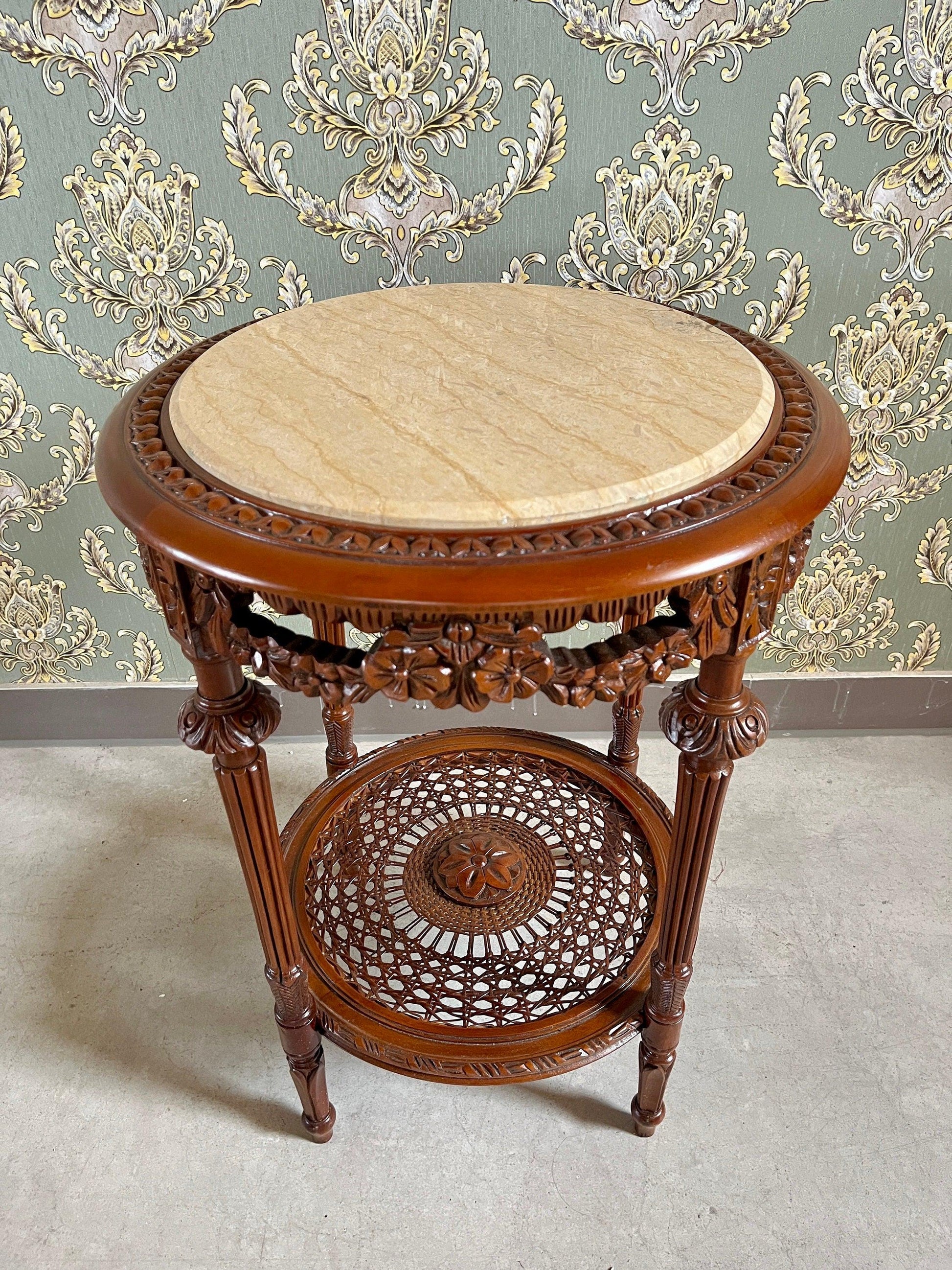 Side Table French Baroque Style with Beige Marble Top Coffee Side Table Antique Style Wooden Table for Home Decor
