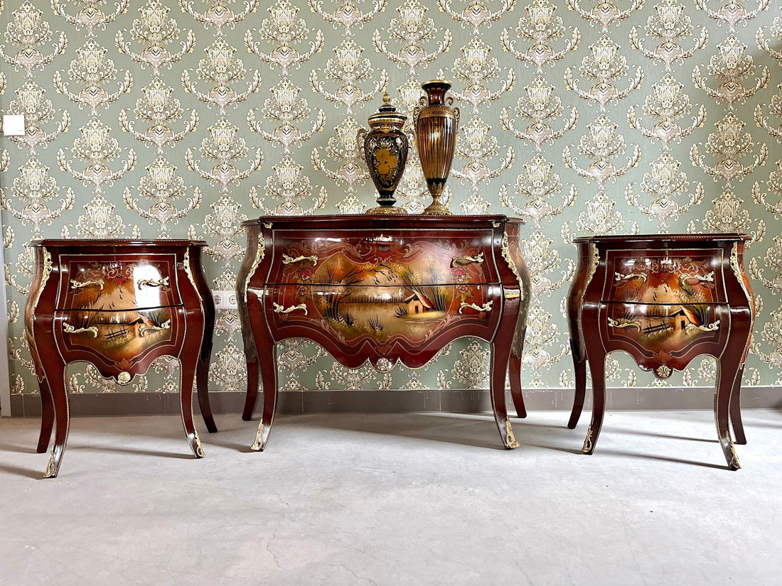Chest of Drawer Set French Baroque Style Dresser & Night Stand Set Oil Paintings at Top Nostalgic Style Cabinet for Bedroom Decor