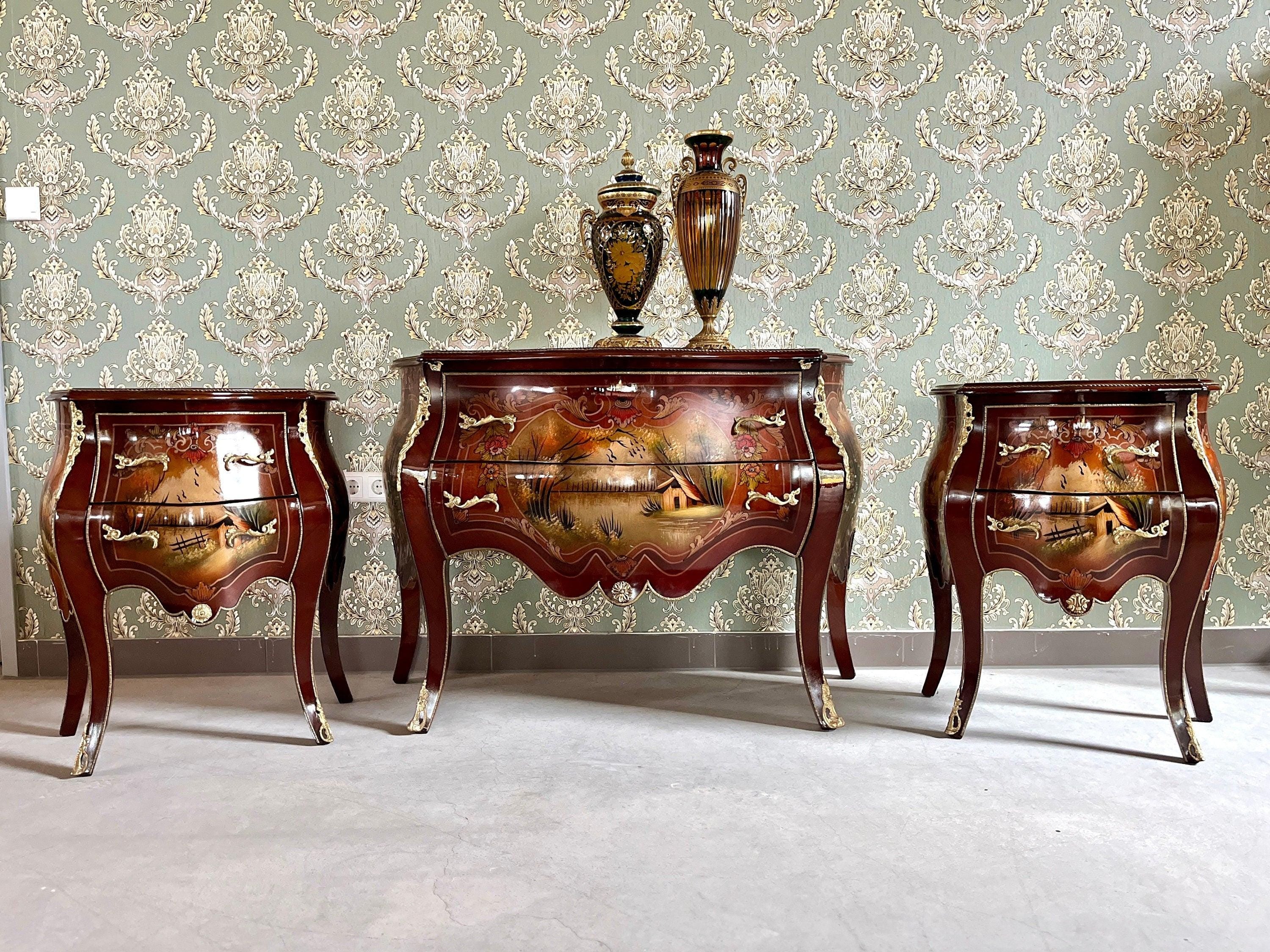 Chest of Drawer Set French Baroque Style Dresser & Night Stand Set Oil Paintings at Top Nostalgic Style Cabinet for Bedroom Decor