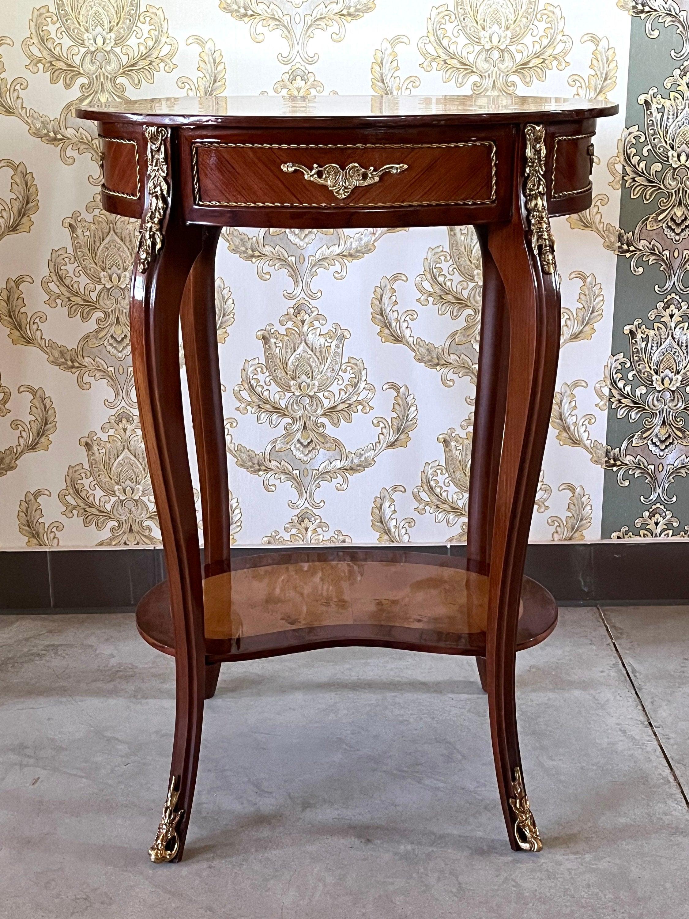 Side Table French Antique Style Wooden Brown Oval Shape Table Retro Baroque Style for Home Decor