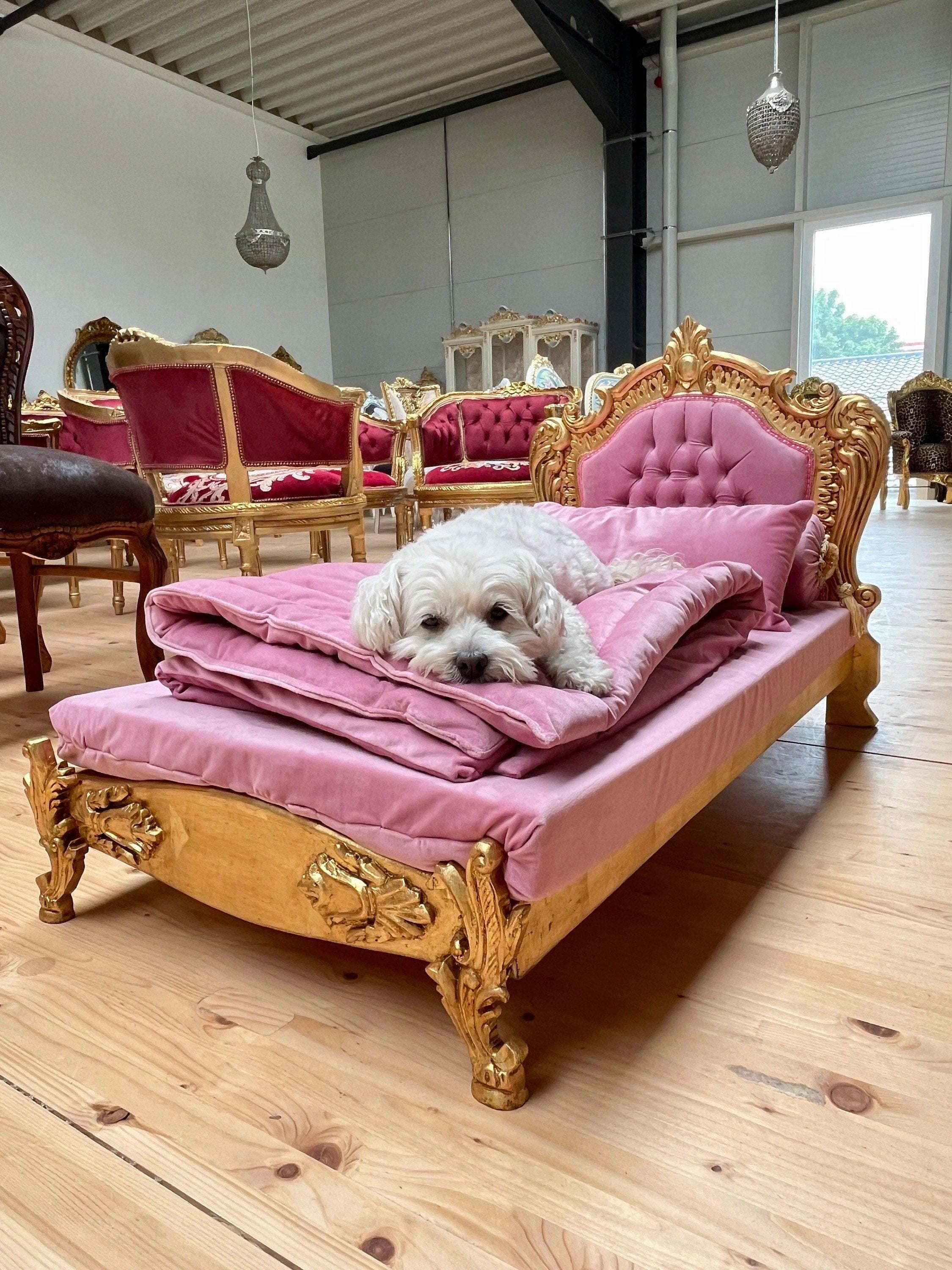 Pet Bed French Louis Baroque Style Mid Size Dog Bed with Blanket & Pillow for Home Decor in Pink Velvet