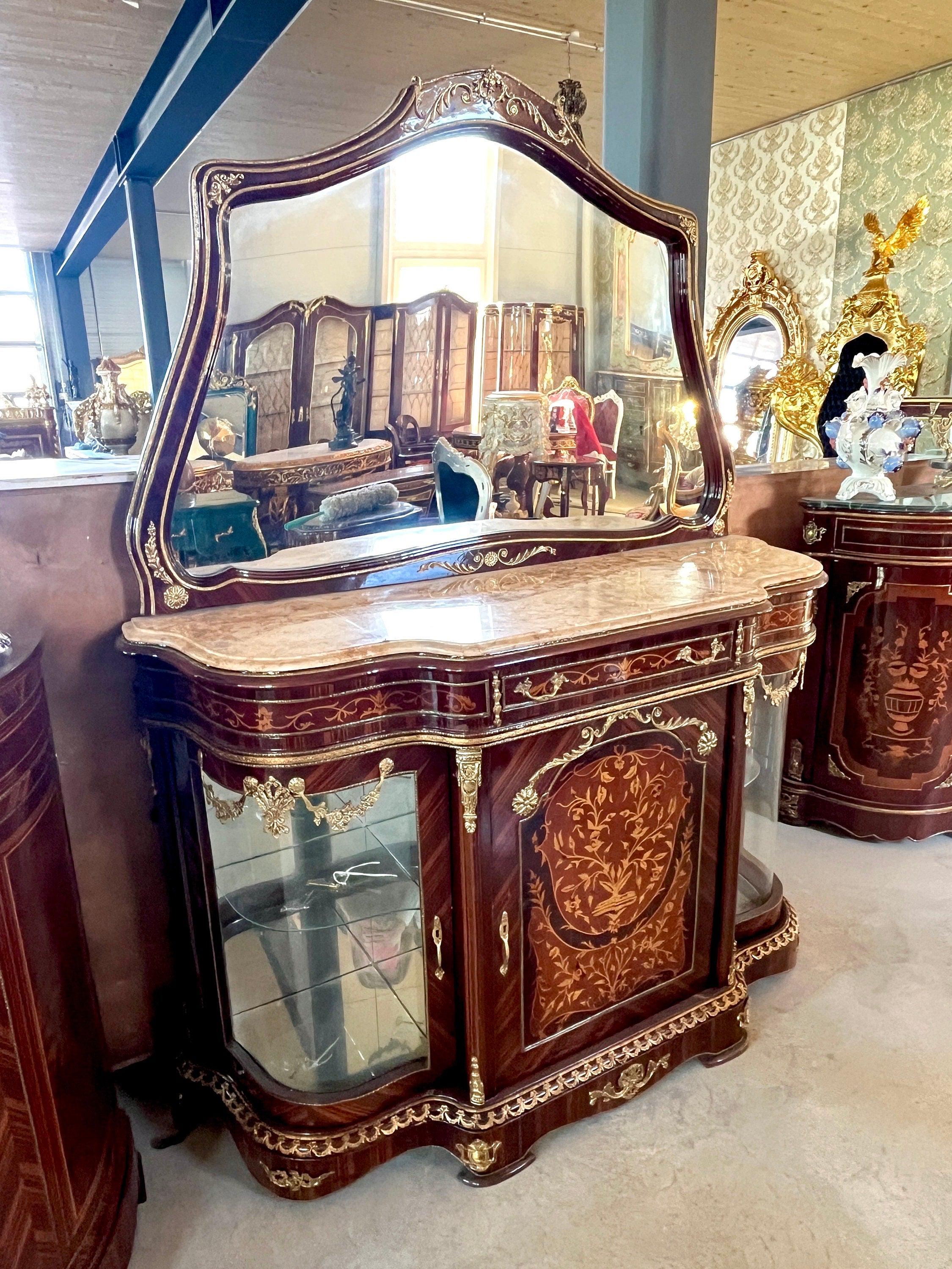 Mirror Glass Cabinet Wall Console in Nostalgic Antique Style with Marble Slab at Top Retro Baroque Style Wall Cabinet with Mirror