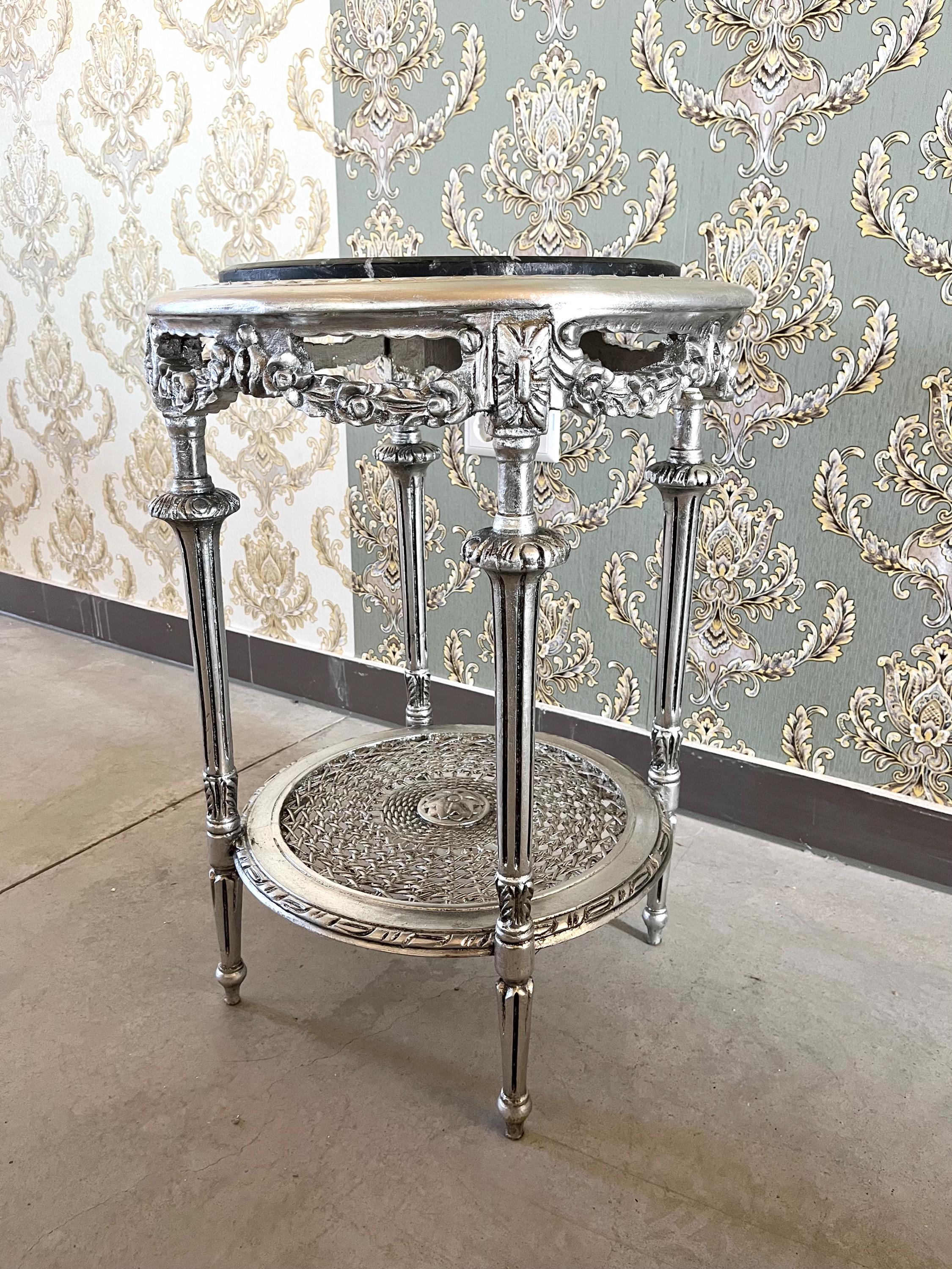 Side Table French Baroque Style with Marble Top Side Table Antique Style Silver Finish Home Decor Side Table