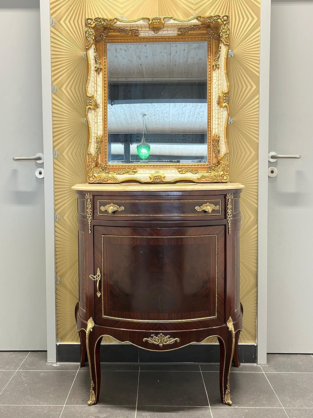Washbasin Cabinet with Mirror Set French Baroque Style Marble Top Washbasin Cabinet Retro Home Decor in Brown