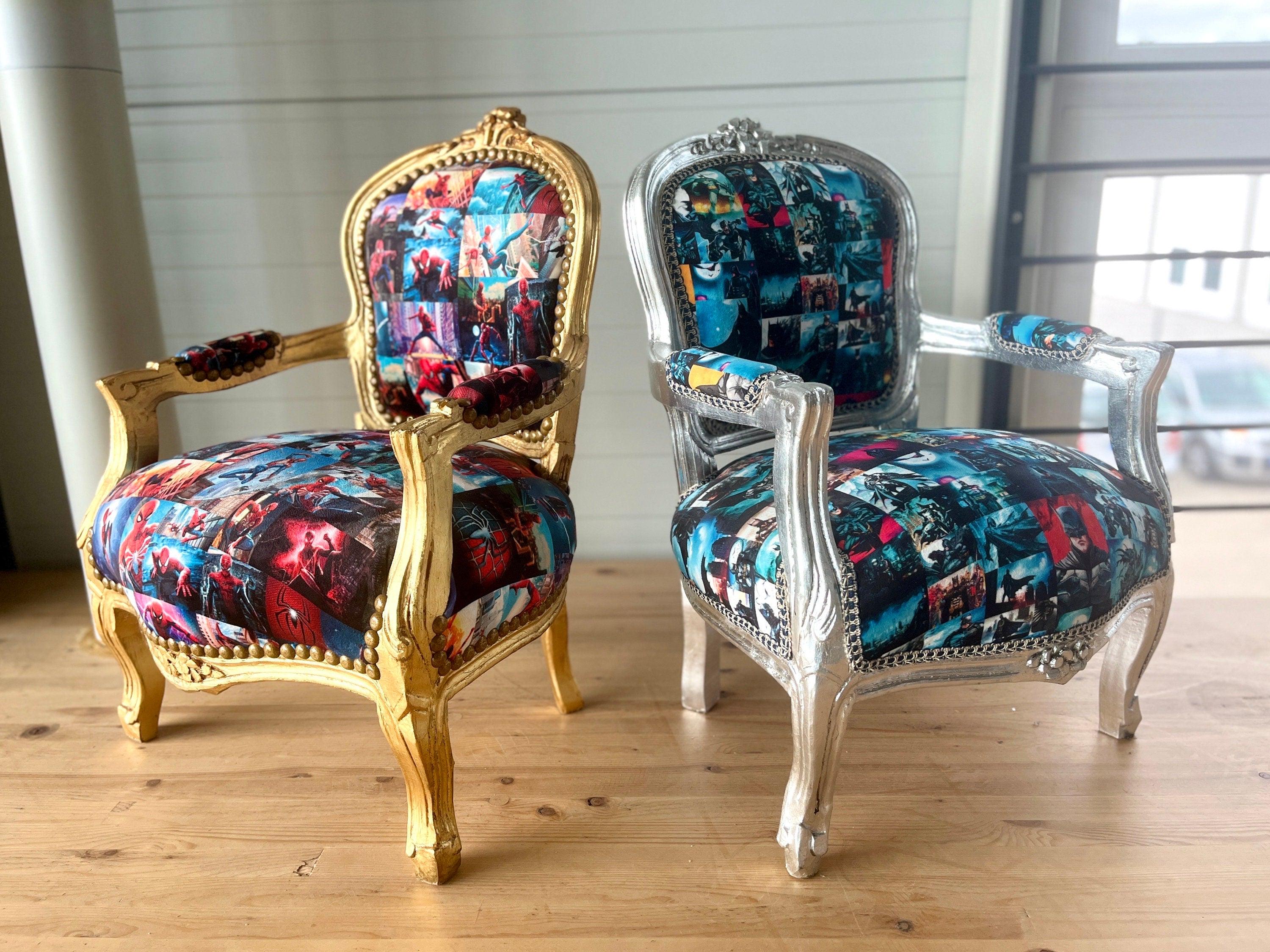 Cute Kid’s Chair French Louis Baroque Style Batman Spider Man Cartoon Prints Kids Armchair in Gold or Silver Finish