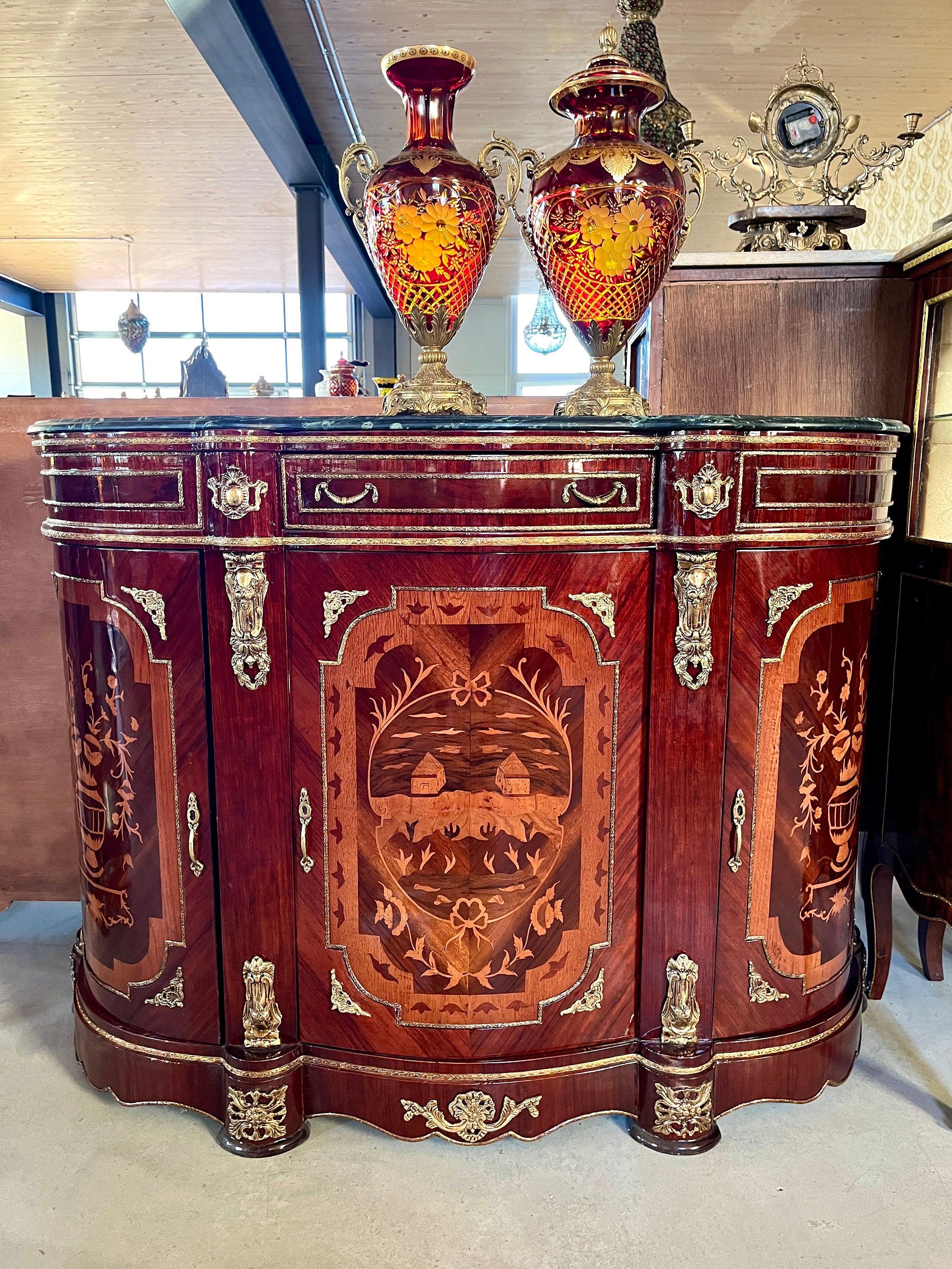 Wooden Cabinet Nostalgic Antique Style with Marble Slab Top Retro Baroque Style Cabinet for Home Decor or Commercial Decoration