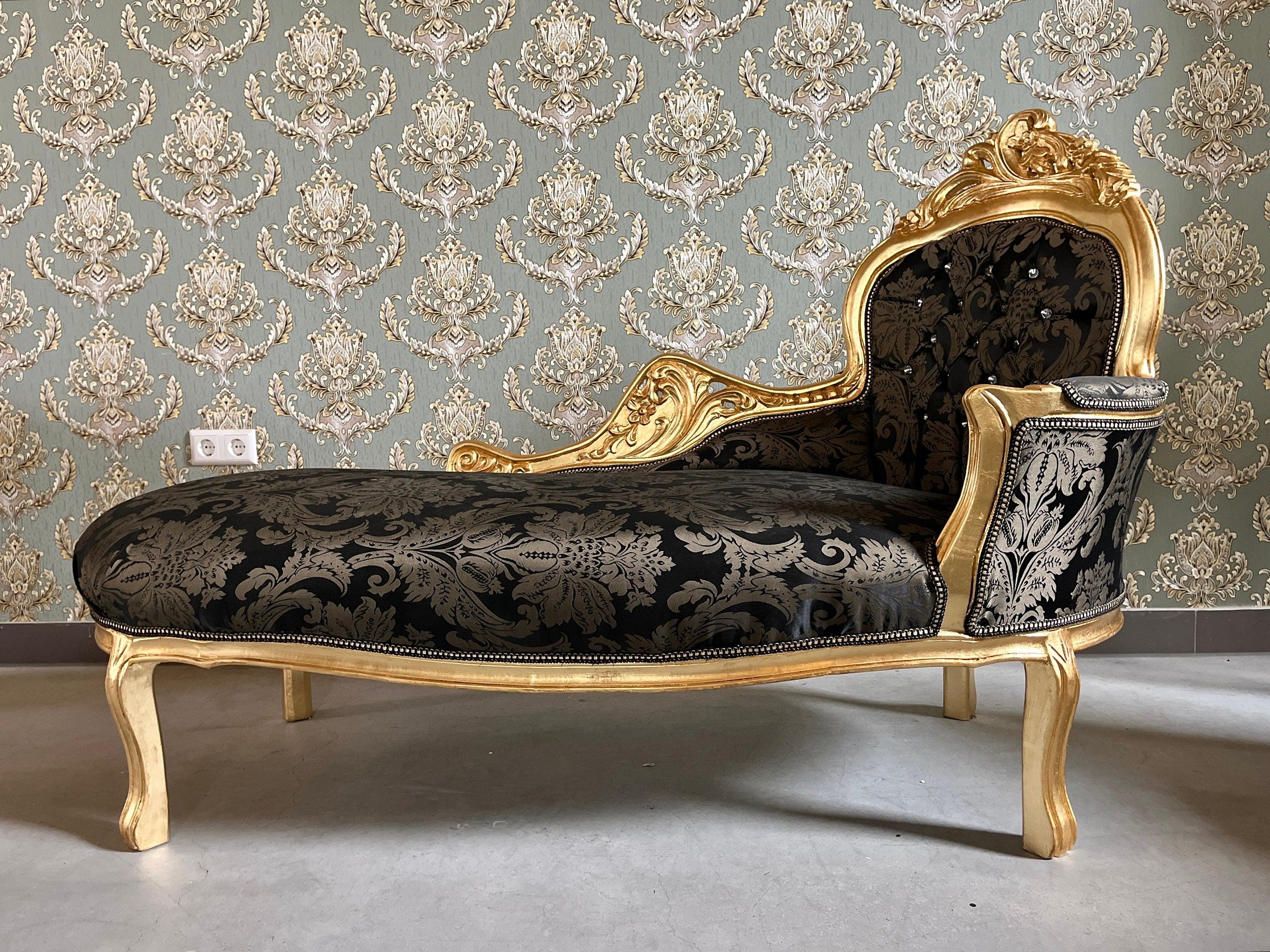 Chaise Longue French Louis Style in Black Floral Fabric Retro Baroque Style Bench in Gold Finish for Home Decor