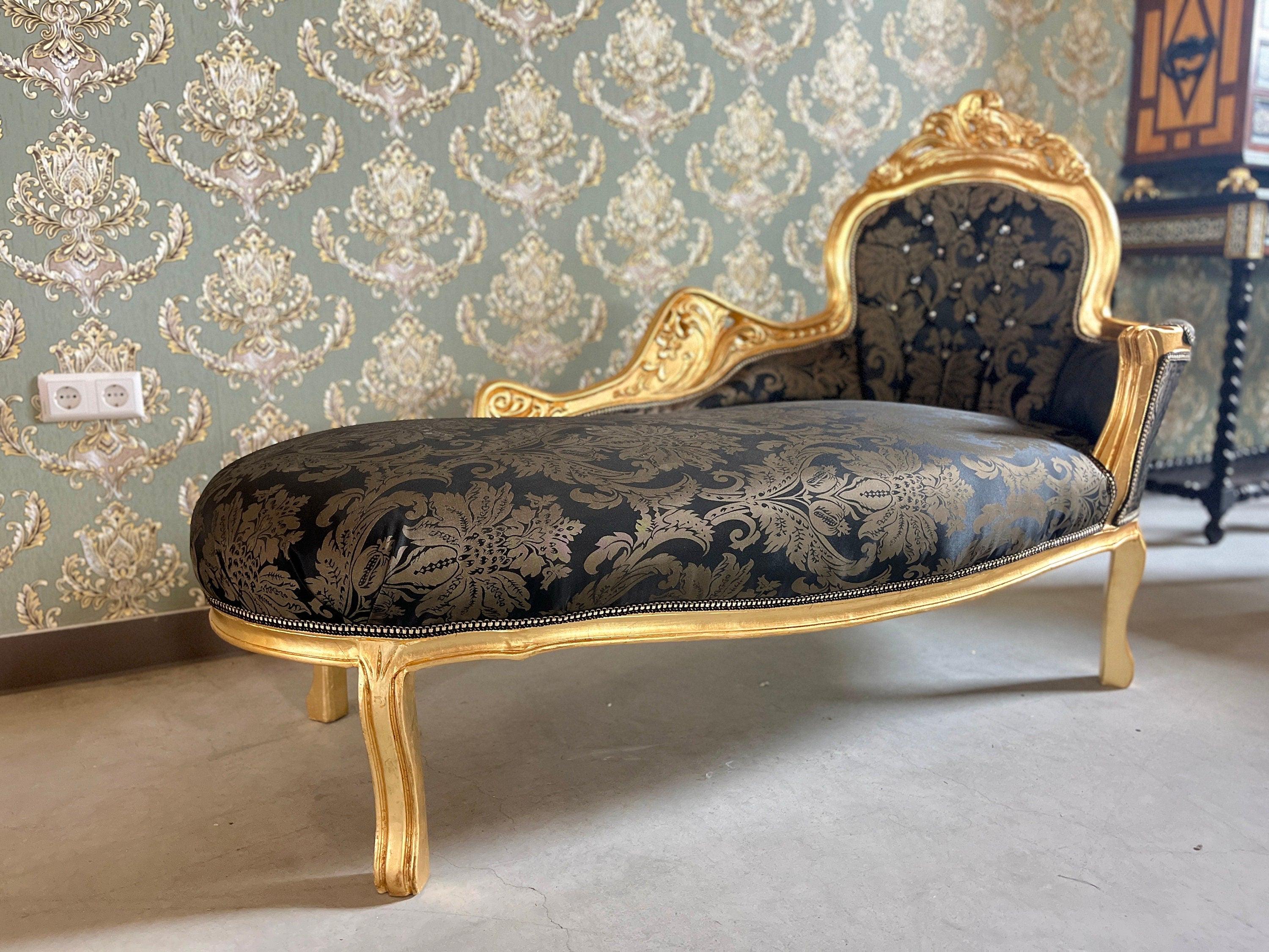 Chaise Longue French Louis Style in Black Floral Fabric Retro Baroque Style Bench in Gold Finish for Home Decor