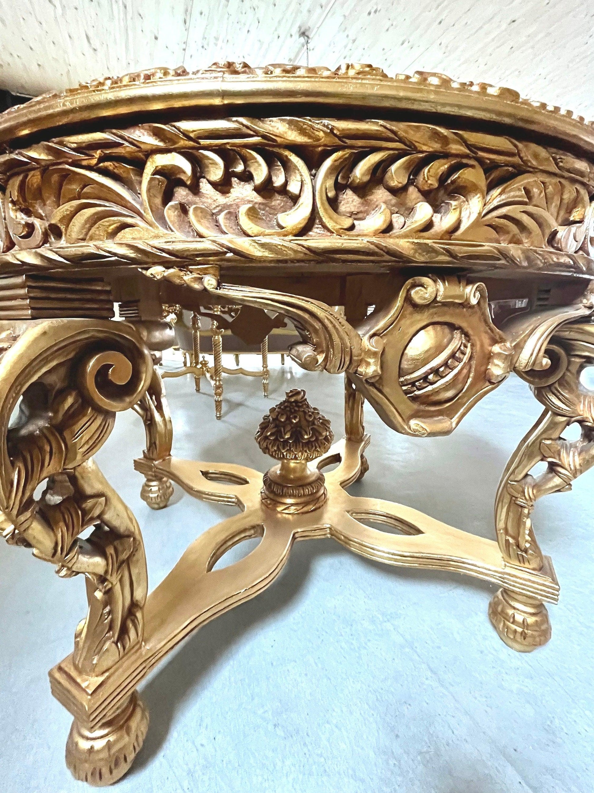 Round Wooden Table Marble Top Royal French Baroque Antique Style in Italian Carrara Marble White Gold Finish Huge Table for Hotel Home Decor