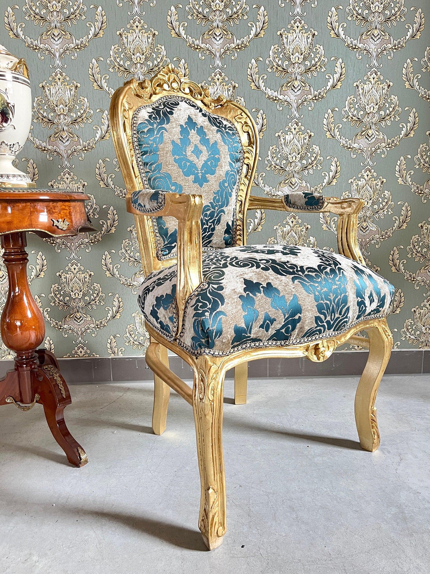 Armchair French Louis Style Accent Chair Baroque Rococo Antique Style in Pink or Turquoise Floral Pattern for Home Decor for Lodge Lobby