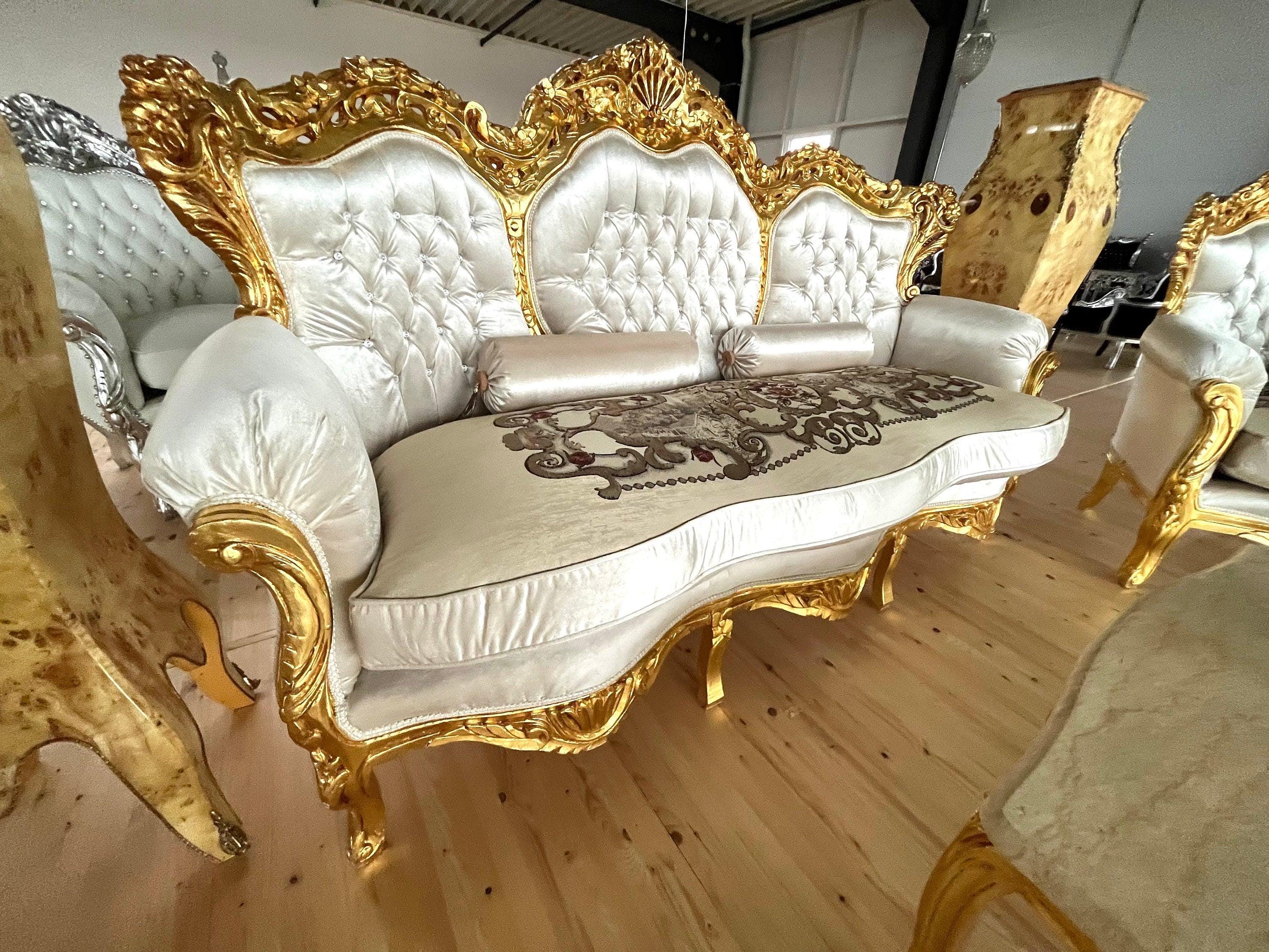 Sofa Set French Louis XV Style Settee Marble Slab Top Caffè Table Retro Baroque Style Sofa Set in Bright Ivory Velvet for Home Decor