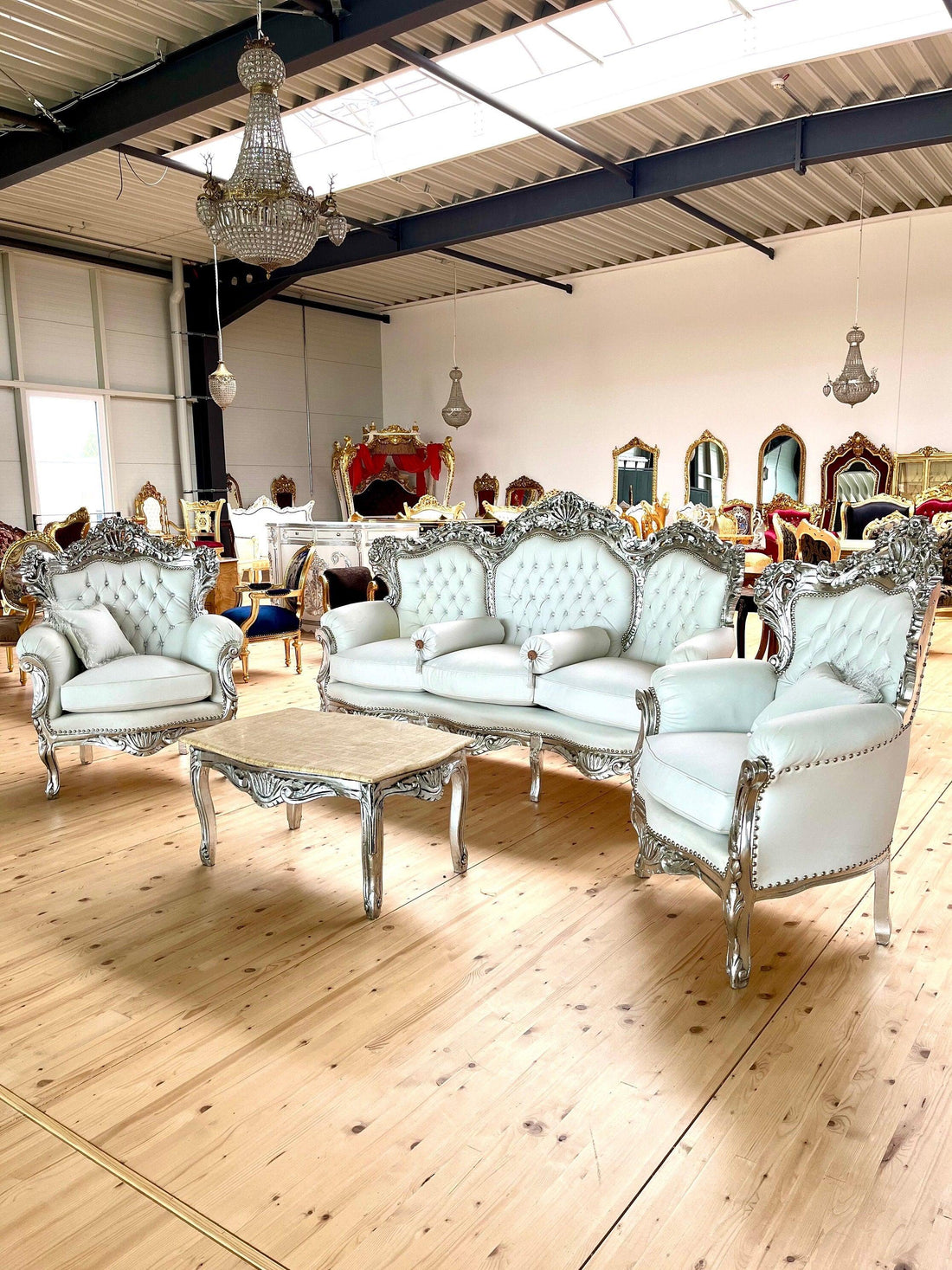 Sofa Set French Louis Style in White Color Settee Baroque Rococo Style Sofa Set in Silver Finish for Wedding Party Event