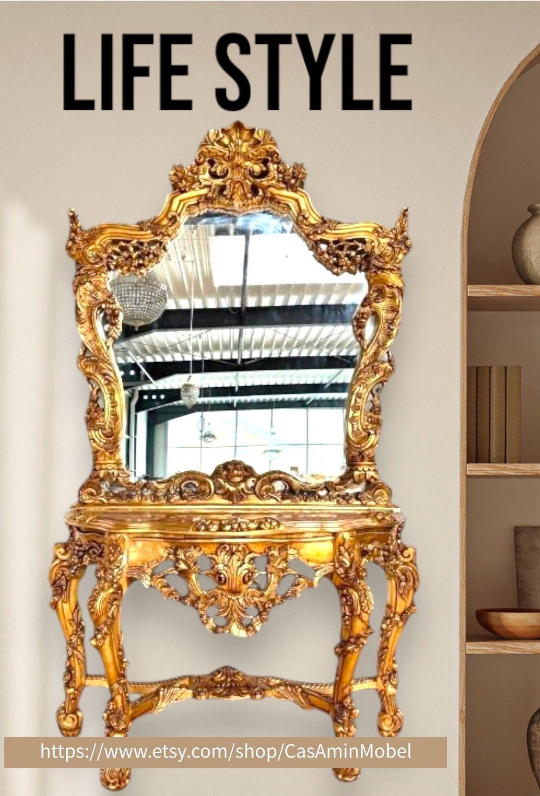 Huge Console Table Mirror Antique Style with Marble Slab Top Table Retro Baroque Style in Gold Finish for Home Decor for Hotel Display