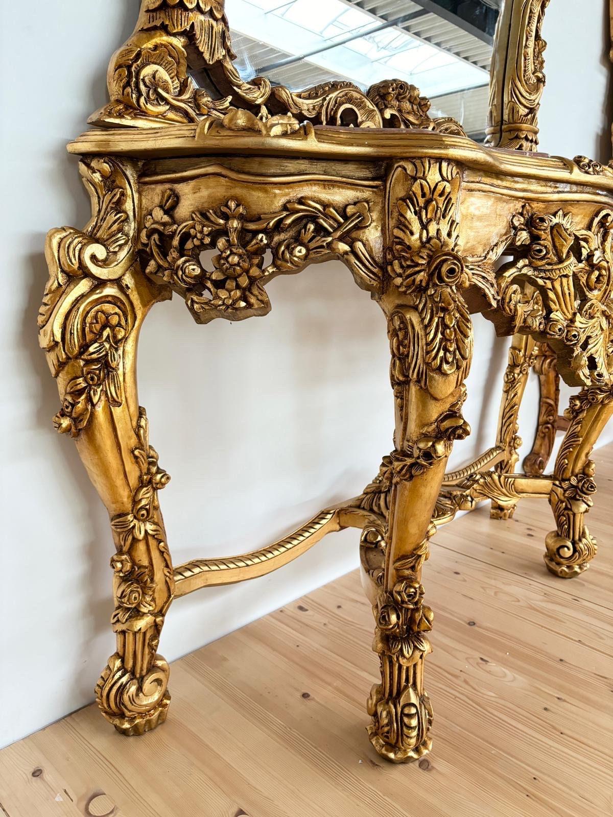 Huge Console Table Mirror Antique Style with Marble Slab Top Table Retro Baroque Style in Gold Finish for Home Decor for Hotel Display