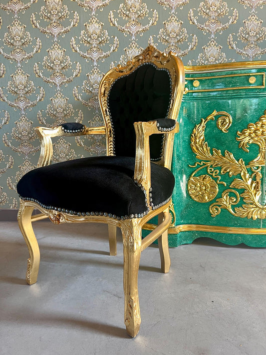 Armchair French Louis Style Black Velvet Chair Antique Style Baroque Rococo Style Armchair in Gold Finish Velvet Black for Home