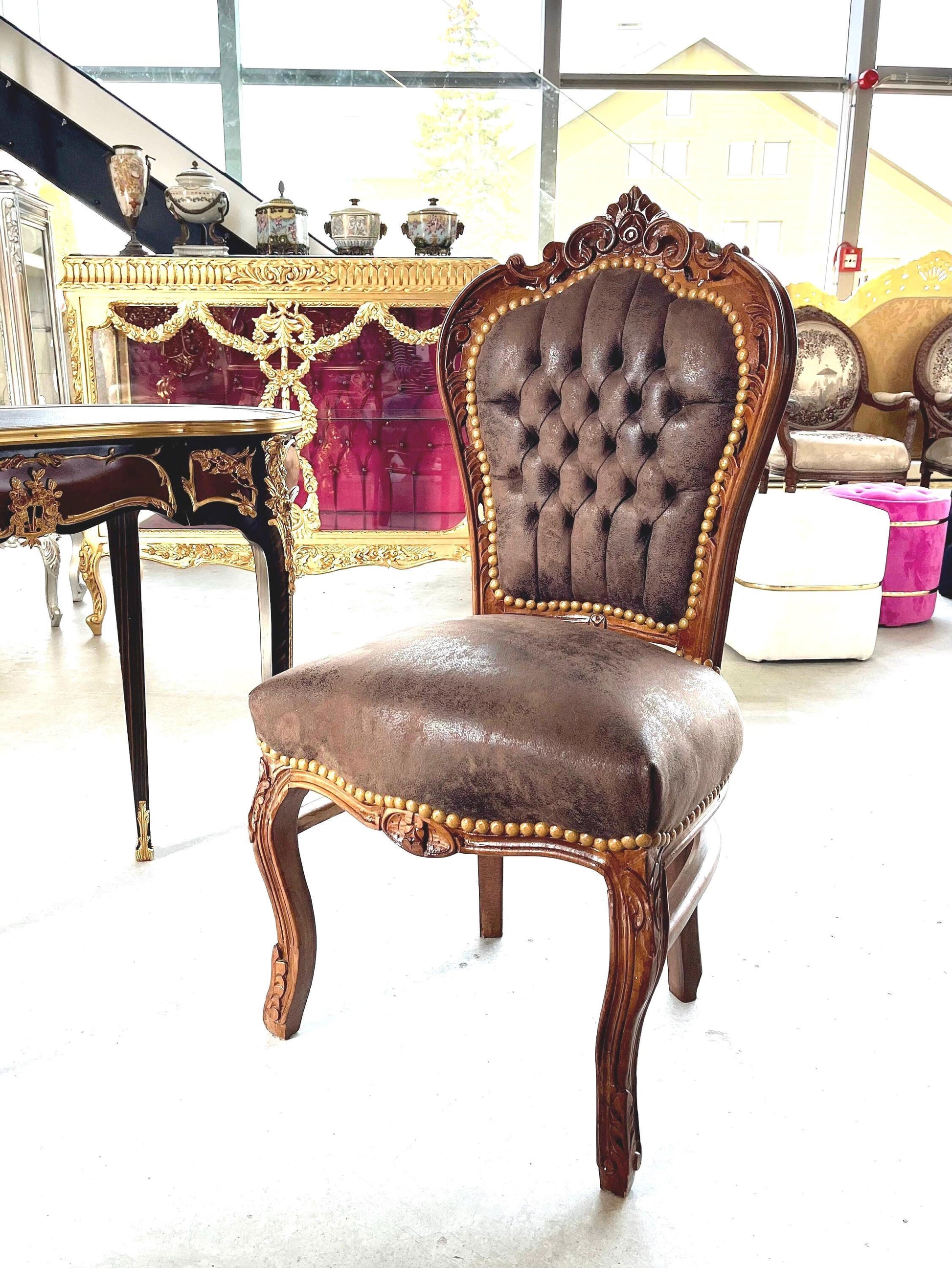 Accent Chair Brown Color Leather Like French Baroque Rococo Style Chair Antique Style Reproduction Dining Chair Real Wood Brown Color
