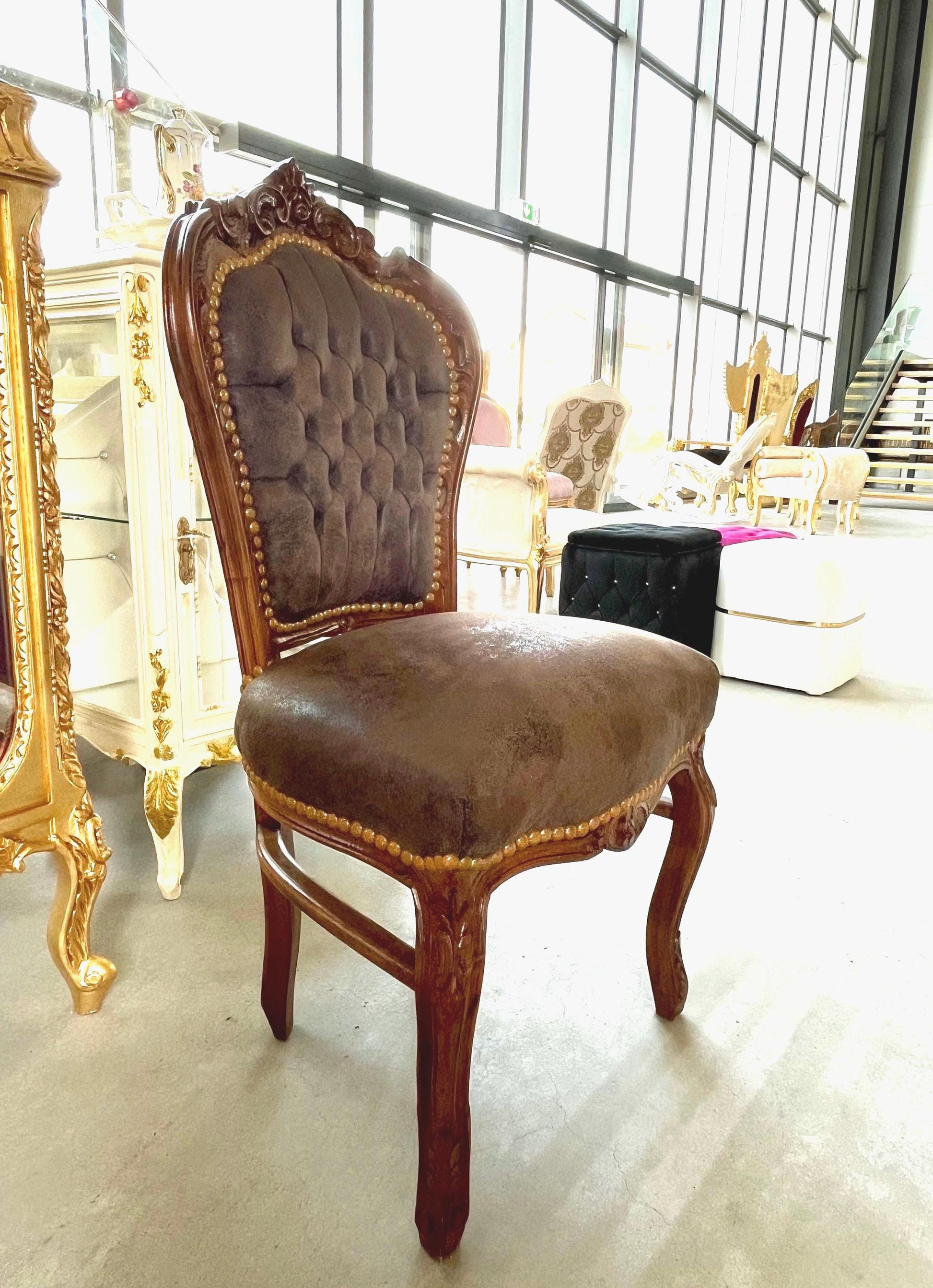 Accent Chair Brown Color Leather Like French Baroque Rococo Style Chair Antique Style Reproduction Dining Chair Real Wood Brown Color