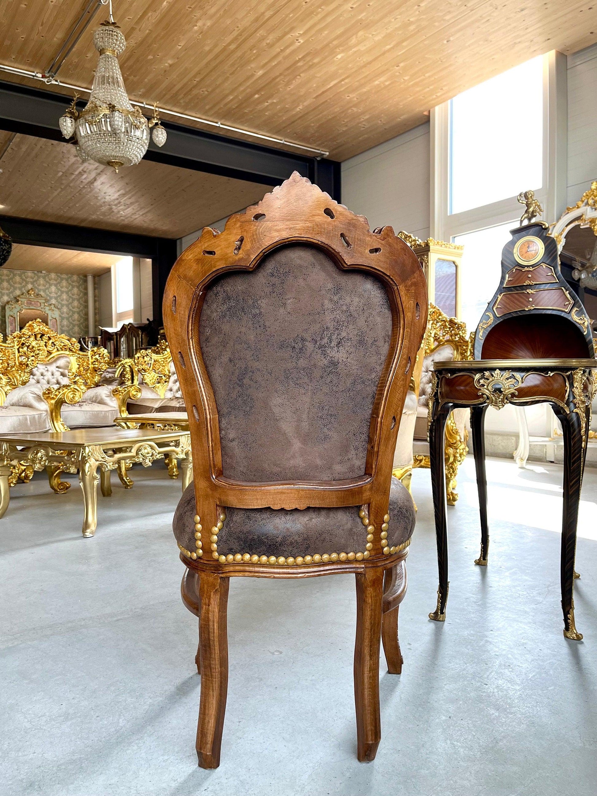 Accent Chair Brown Color Leather Like French Baroque Rococo Style Chair Antique Style Reproduction Dining Chair Real Wood Brown Color