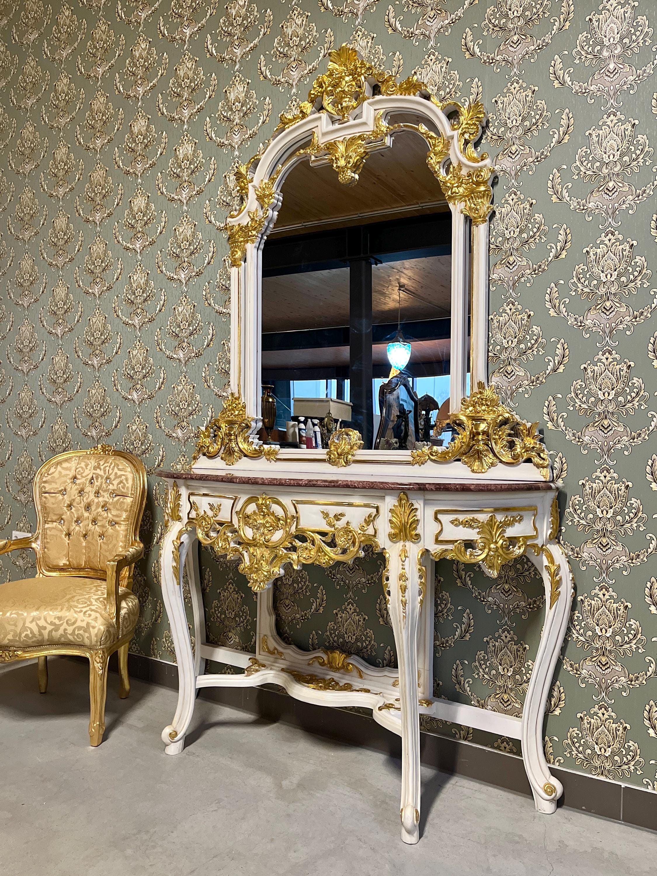 Deluxe Table Console Mirror Set French Antique Style Baroque Rococo Style Red Marble Slab Top in Gold Finish for Home Decor for Hotel Decor