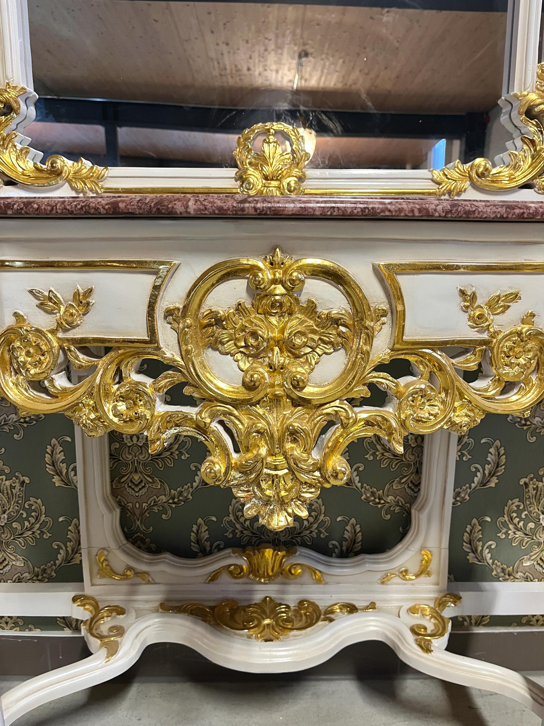Deluxe Table Console Mirror Set French Antique Style Baroque Rococo Style Red Marble Slab Top in Gold Finish for Home Decor for Hotel Decor