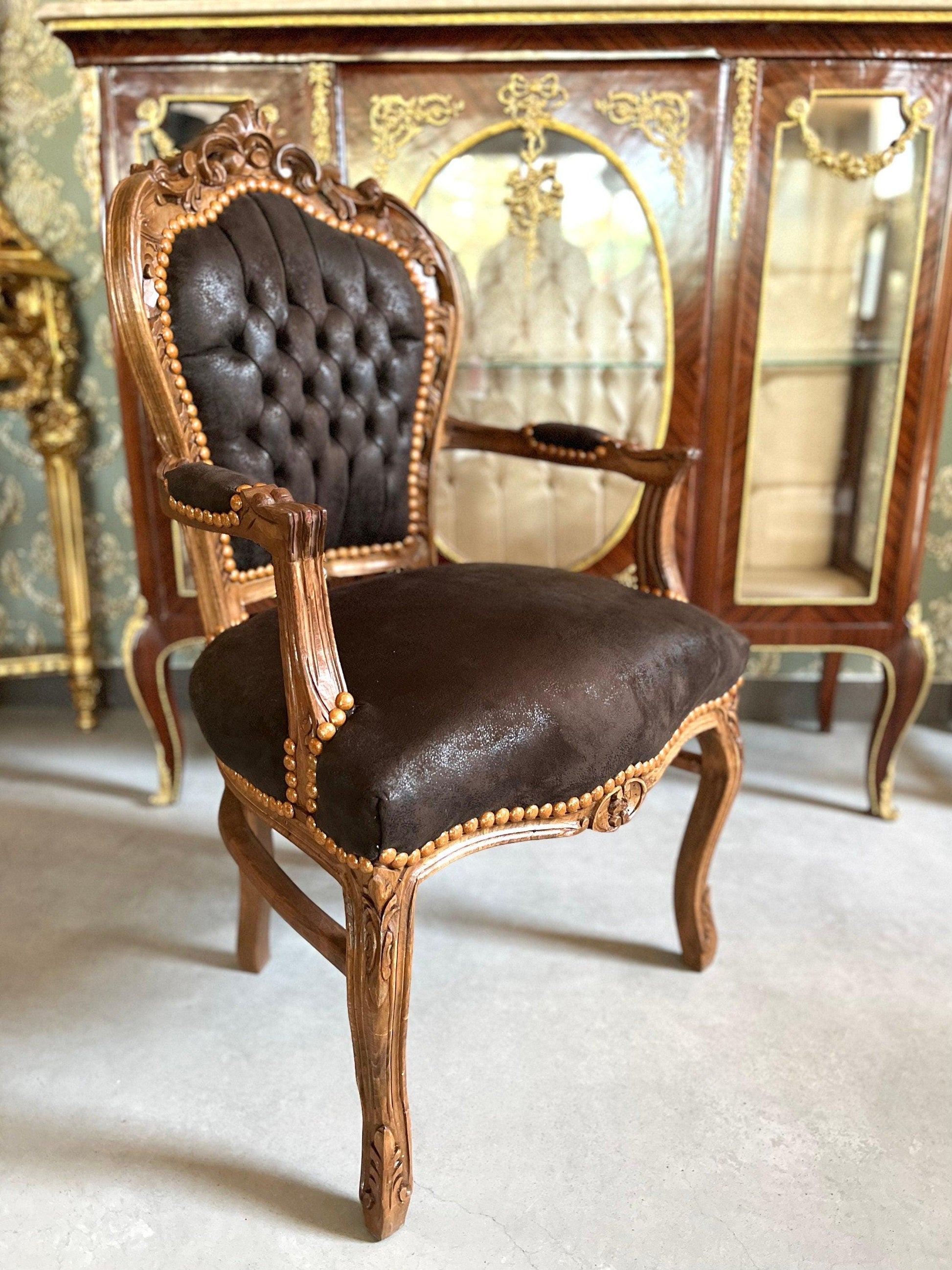 Armchair French Louis Style Brown Color Leather Like Chair Baroque Rococo Style Armchair Antique Style Reproduction Armchair in Brown Color